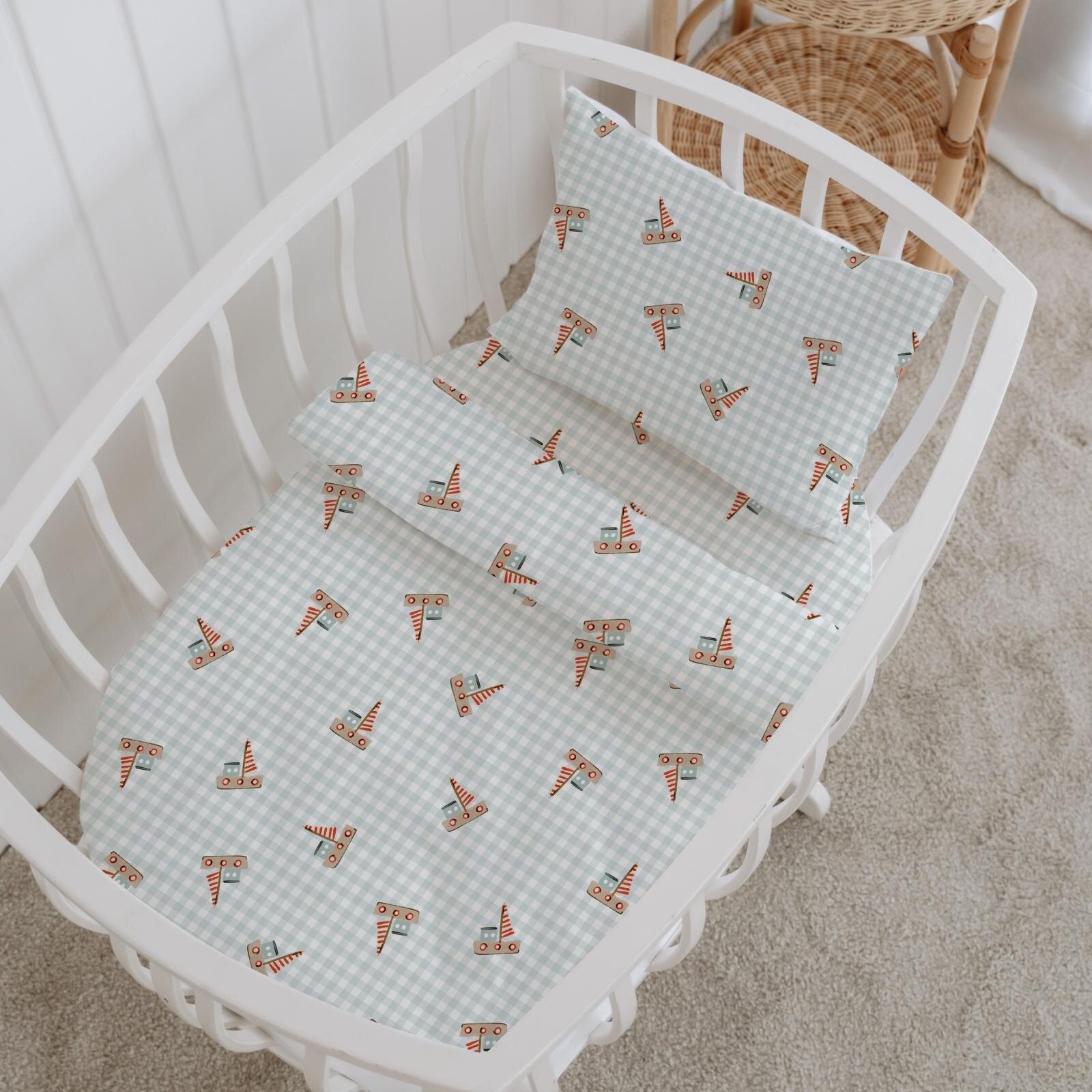 %100 Pamuklu Poplin Anne Yanı Beşik Nevresim Seti - Pötikare Yelkenliler