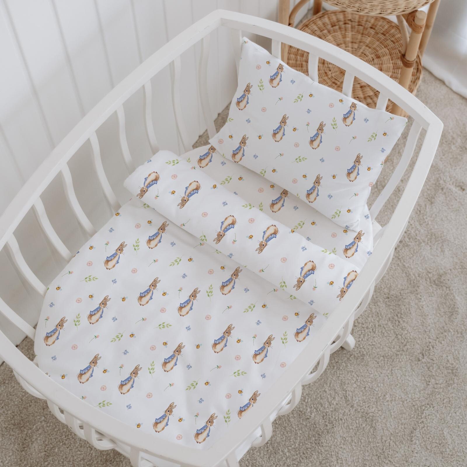 %100 Pamuklu Poplin Anne Yanı Beşik Nevresim Seti - Sevimli Tavşan