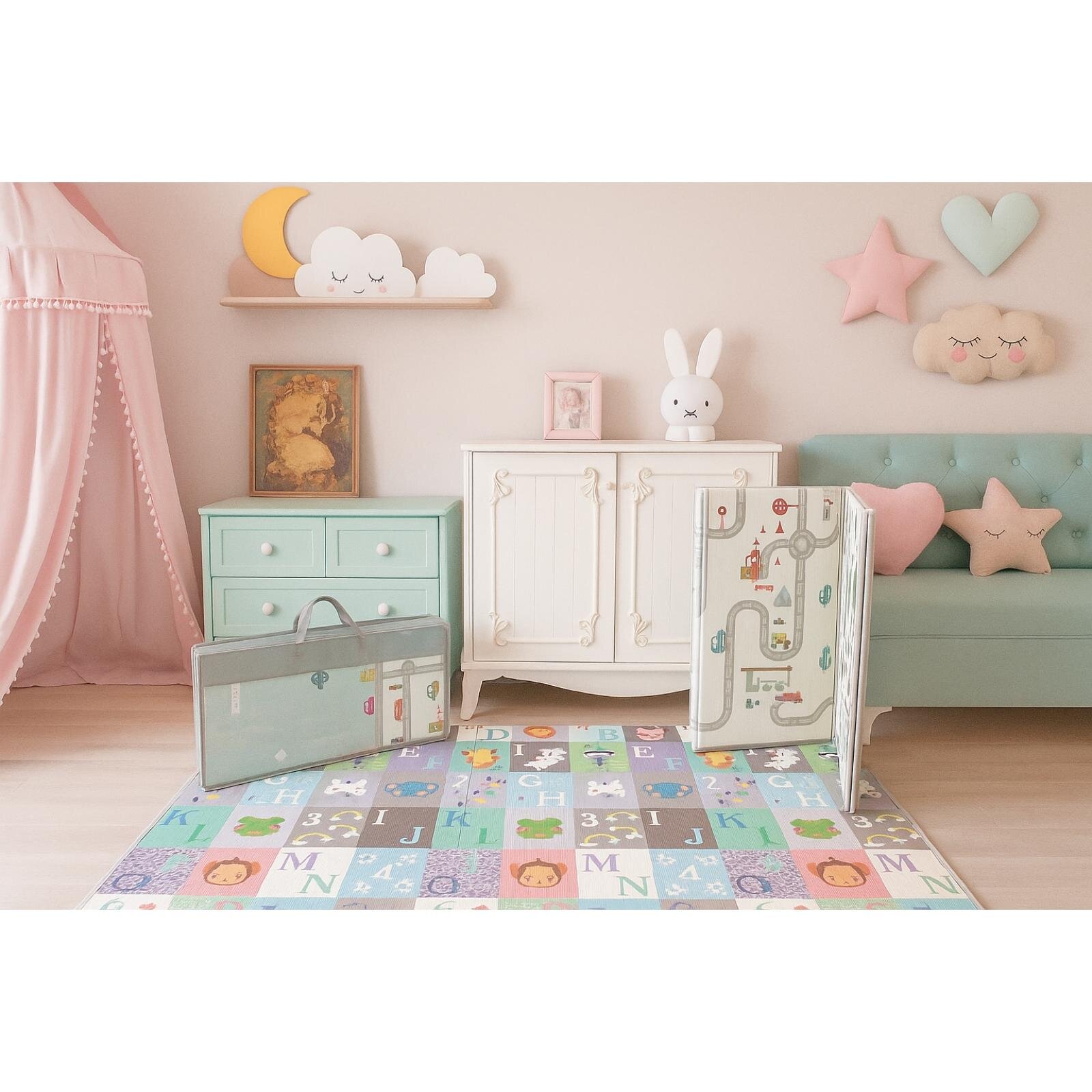 Katlanabilir Çift Taraflı Oyun Matı - Çantalı, Kaymaz, Su Geçirmez, Araçlar, Yollar & Harf Desenli