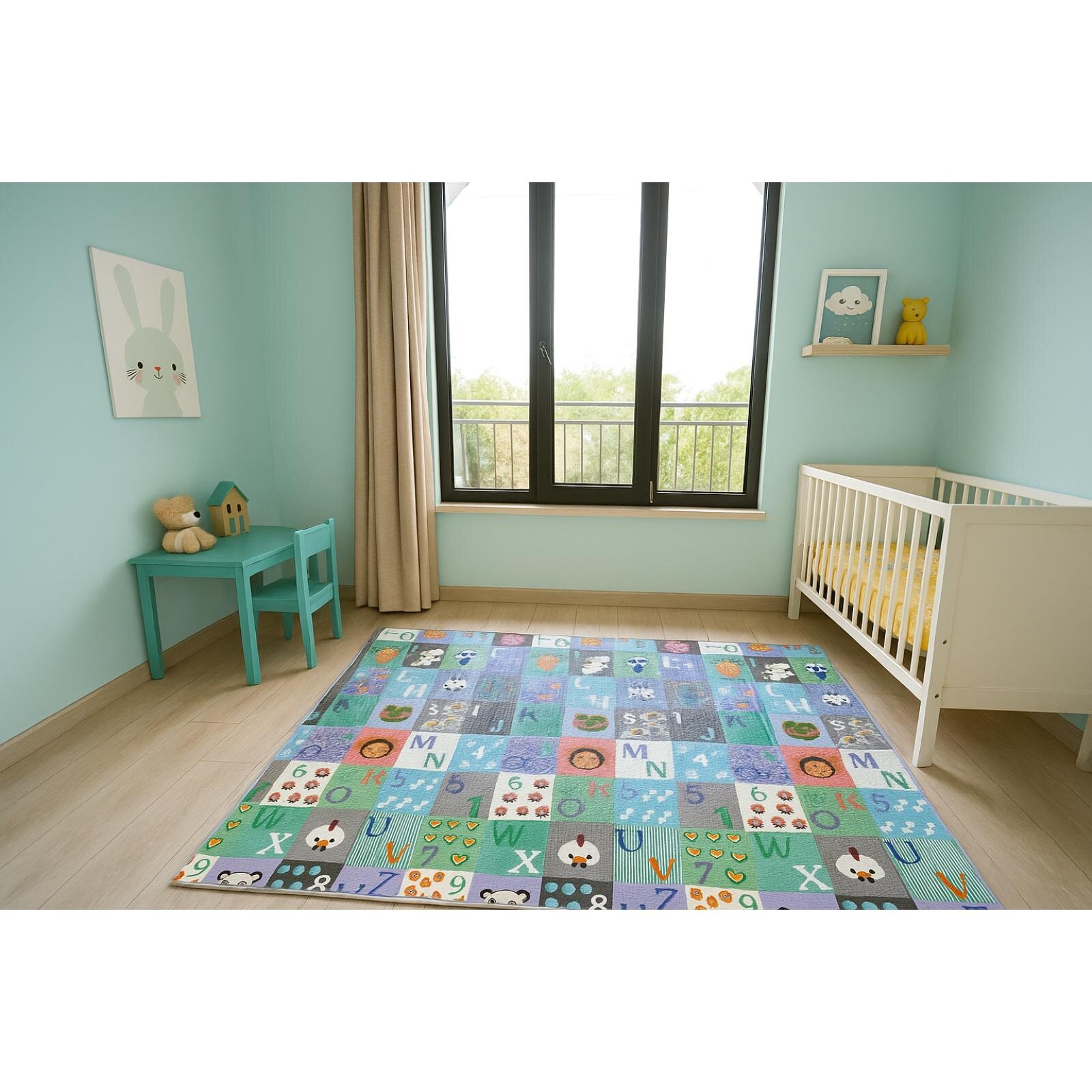 Katlanabilir Çift Taraflı Oyun Matı - Çantalı, Kaymaz, Su Geçirmez, Araçlar, Yollar & Harf Desenli