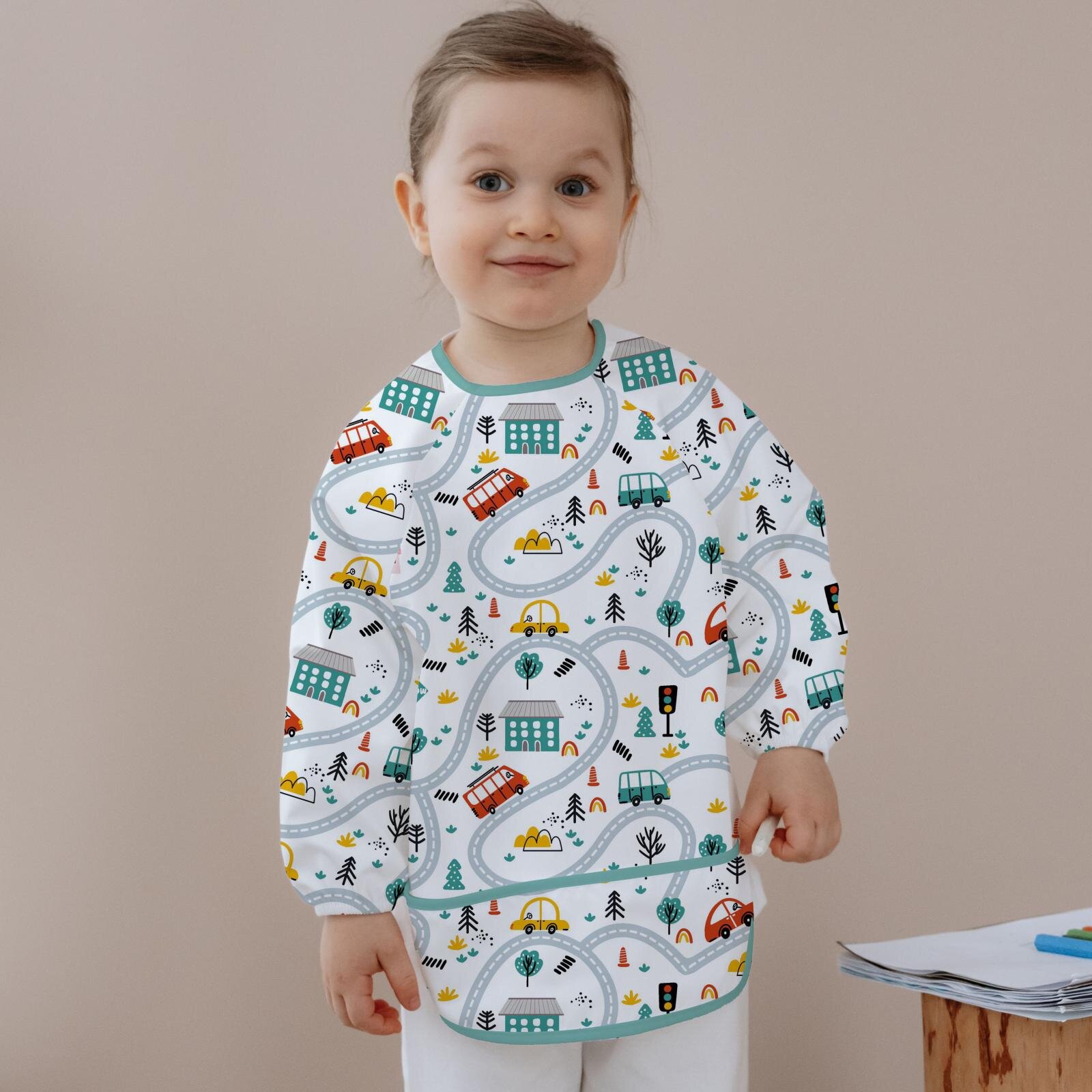 Uzun Kollu Mama ve Faaliyet Önlüğü, Aktivite ve Boyama Önlüğü, Araba Desen Uzun Kollu Mama ve Faaliyet Önlüğü, Aktivite ve Boyama Önlüğü, Araba Desen