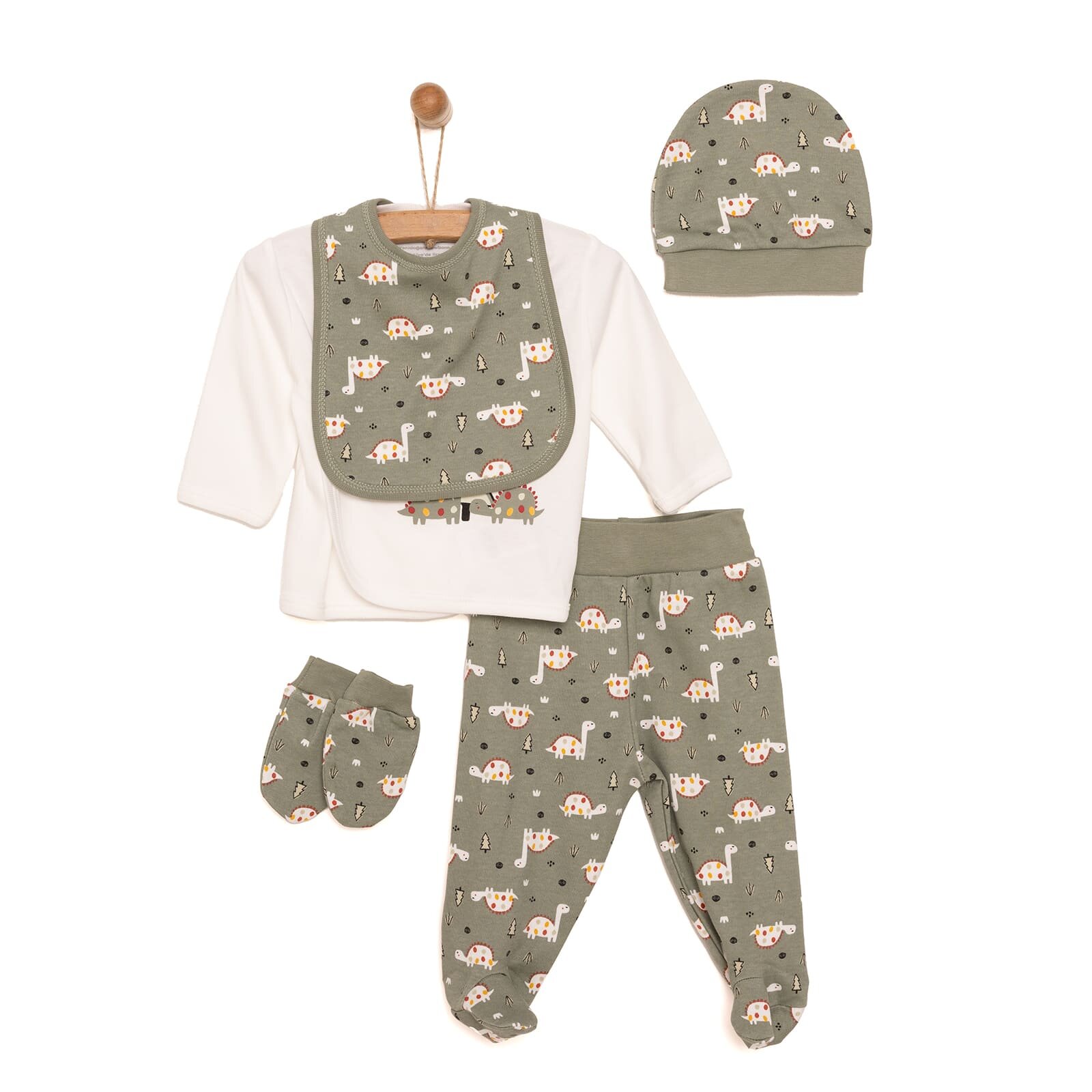 Erkek Bebek Yenidoğan 5'li Askı Hastane Çıkışı Çıtçıtlı Zarf Yaka Uzun Kol Yeşil