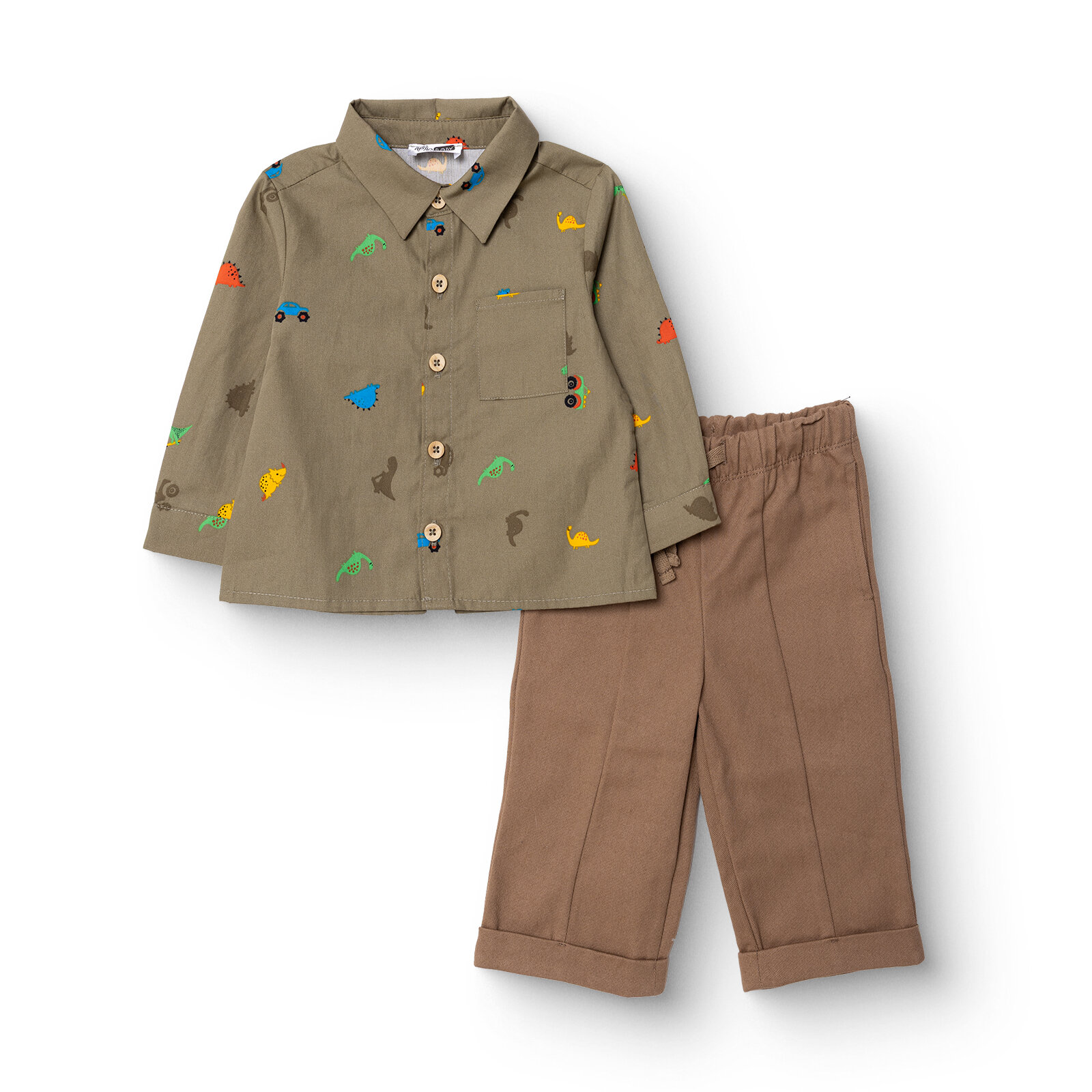 Erkek Bebek Gömlek-Pantolon Düğmeli Poplin Kapüşonlu Yaka Reçme Paça