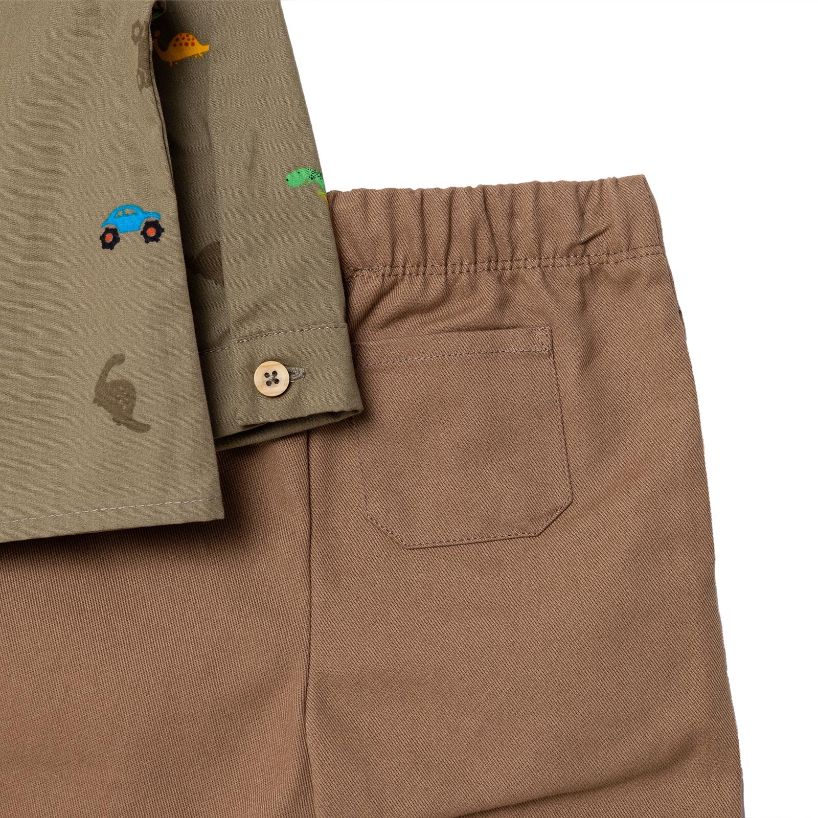 Erkek Bebek Gömlek-Pantolon Düğmeli Poplin Kapüşonlu Yaka Reçme Paça