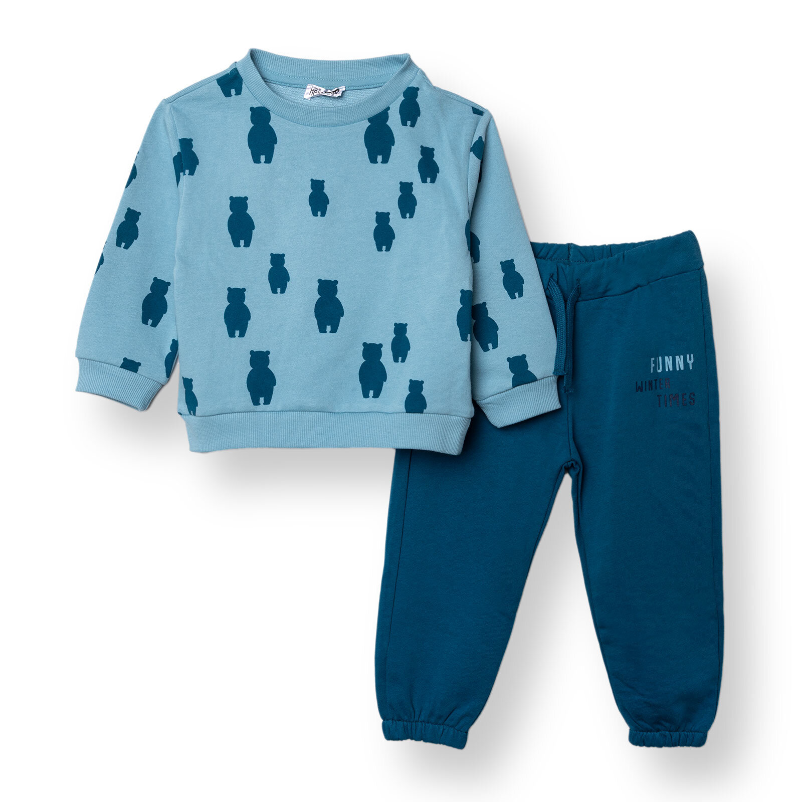 Erkek Bebek Hello Cute Bear Eşofman Takımı Bisiklet Yaka Uzun Kol Lastikli Paça