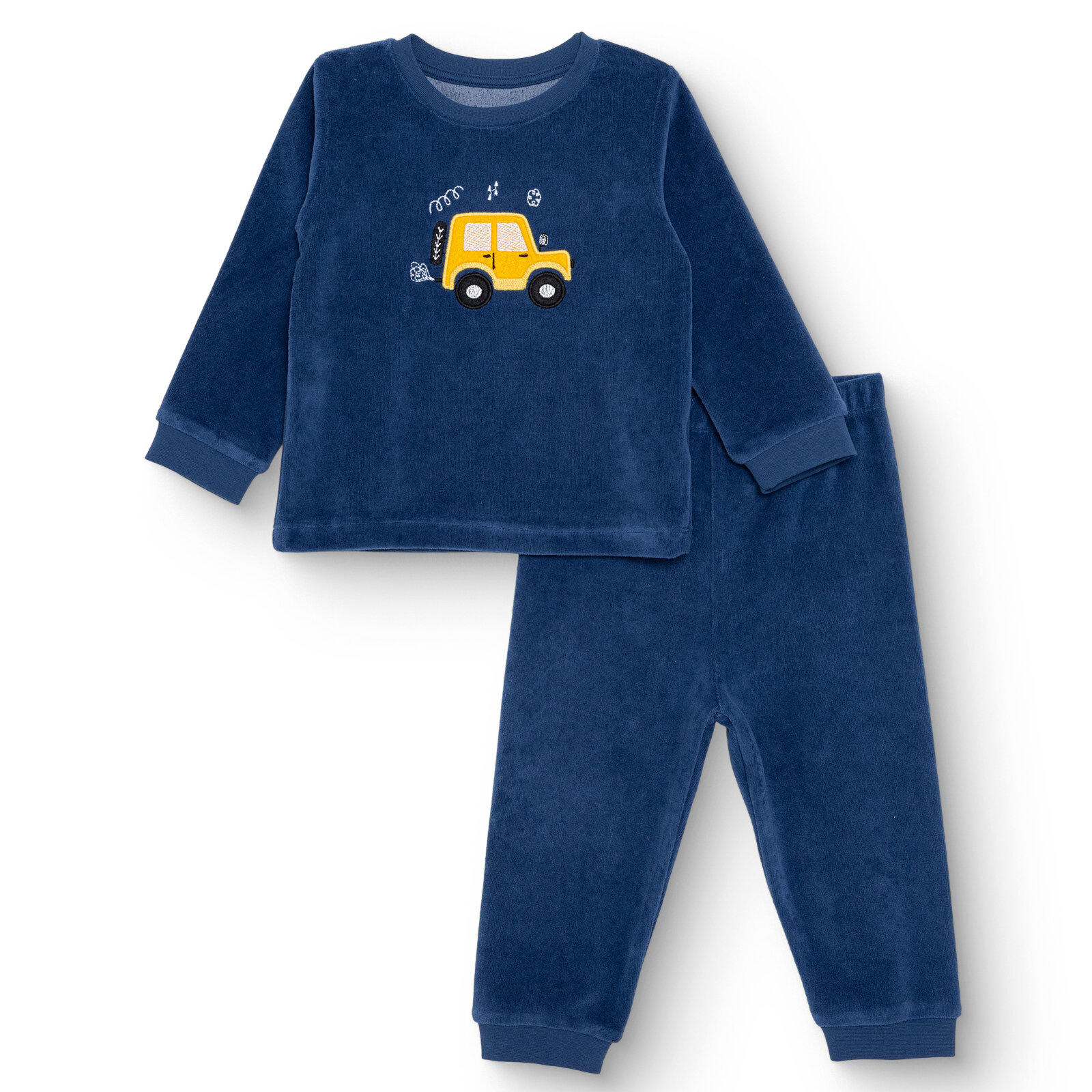 Erkek Bebek Kadife Pijama Takımı Bisiklet Yaka Uzun Kol Ribanalı Paça