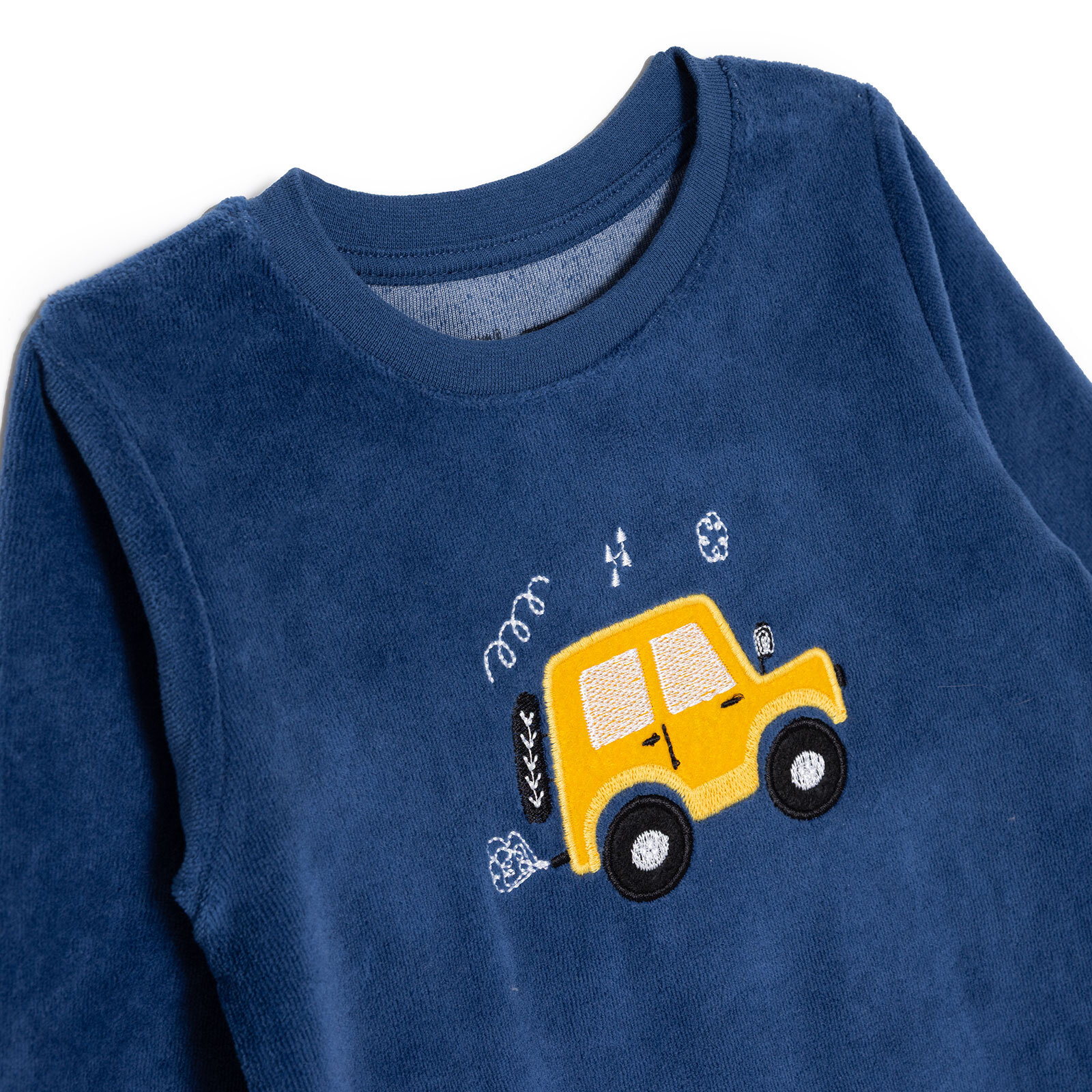 Erkek Bebek Kadife Pijama Takımı Bisiklet Yaka Uzun Kol Ribanalı Paça