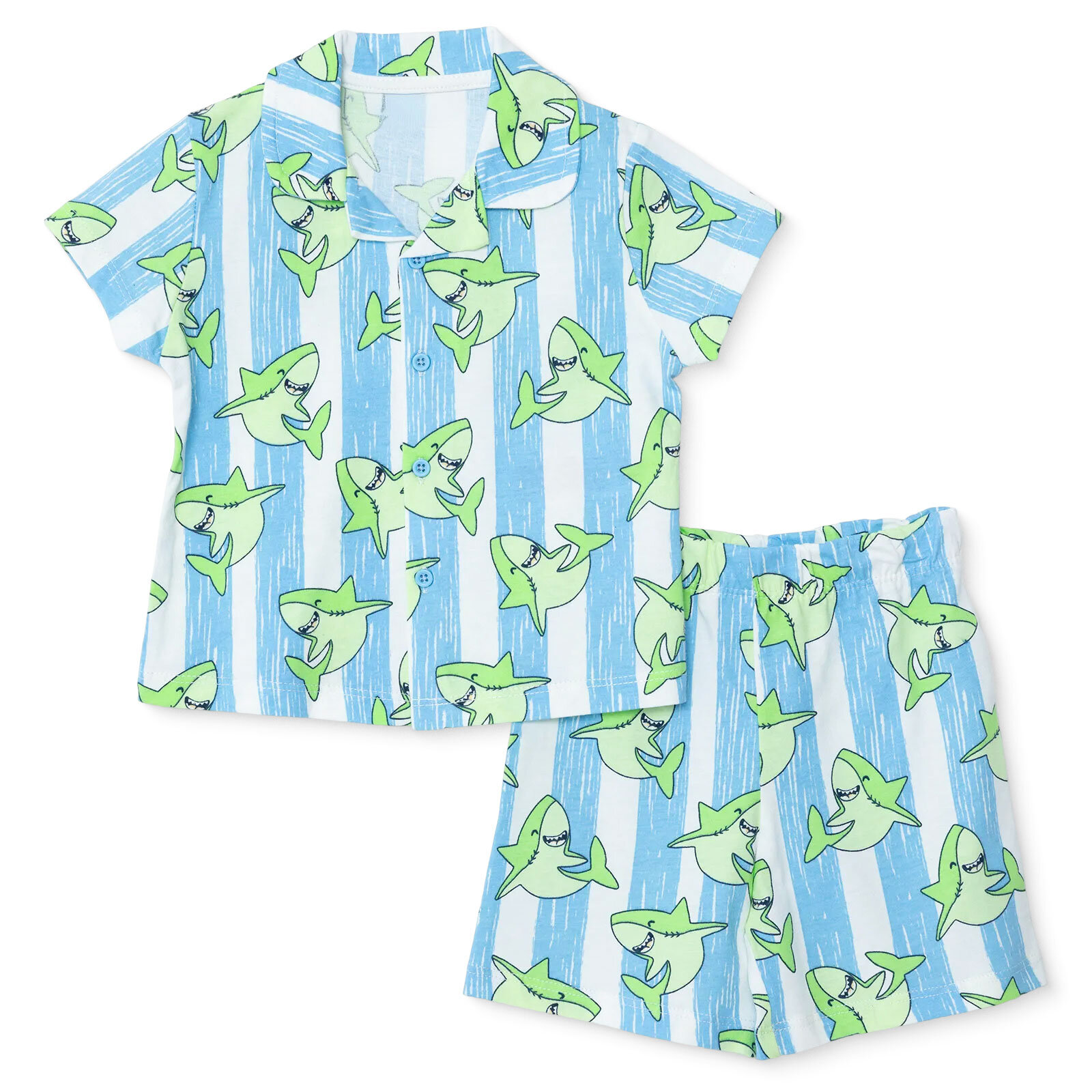 Erkek Bebek Kısa Kol Pijama Takımı Gömlek Yaka Kısa Kol Reçme Paça