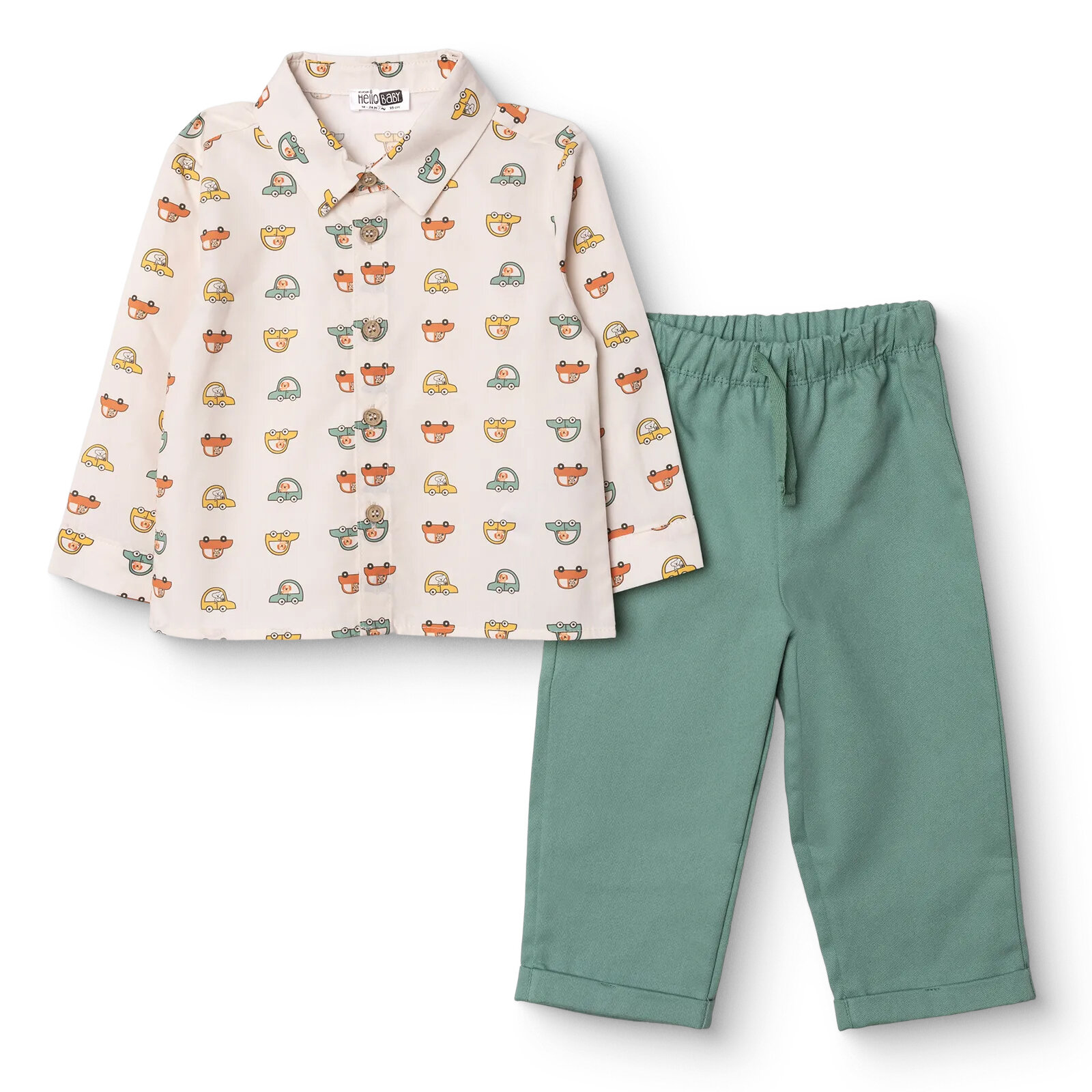 Erkek Bebek Little Car Gömlek-Pantolon Poplin Gömlek Yaka Uzun Kol Duble Paça