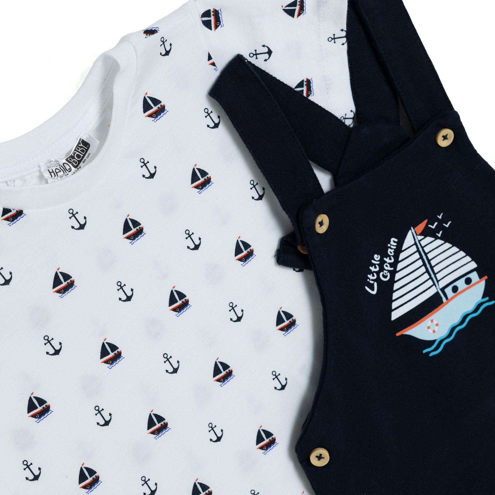 Erkek Bebek Little Sailor Salopet-Tshirt Bisiklet Yaka Kısa Kol Reçme Paça