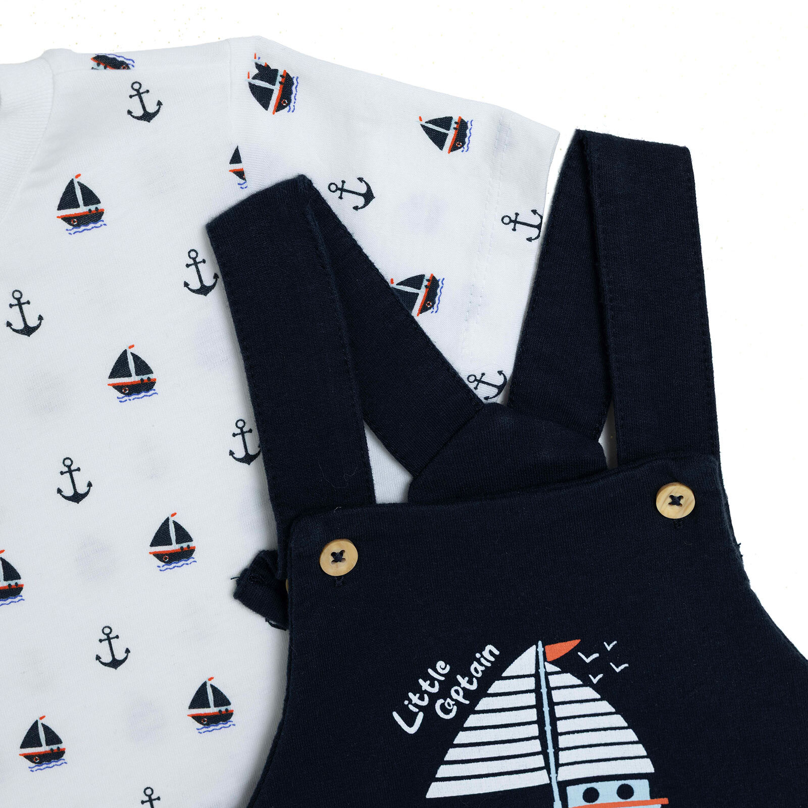 Erkek Bebek Little Sailor Salopet-Tshirt Bisiklet Yaka Kısa Kol Reçme Paça