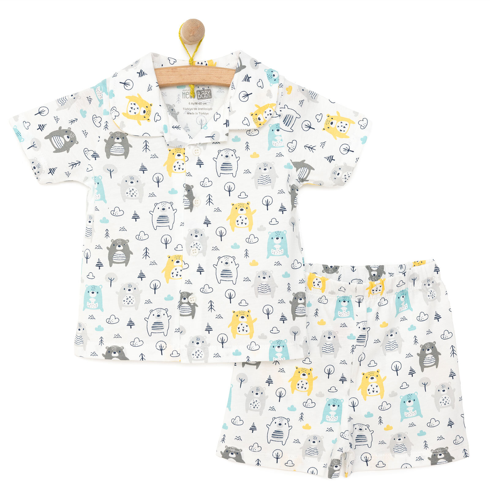 Erkek Bebek Pijama Takım Düğmeli Kapüşonlu Yaka Kısa Kol