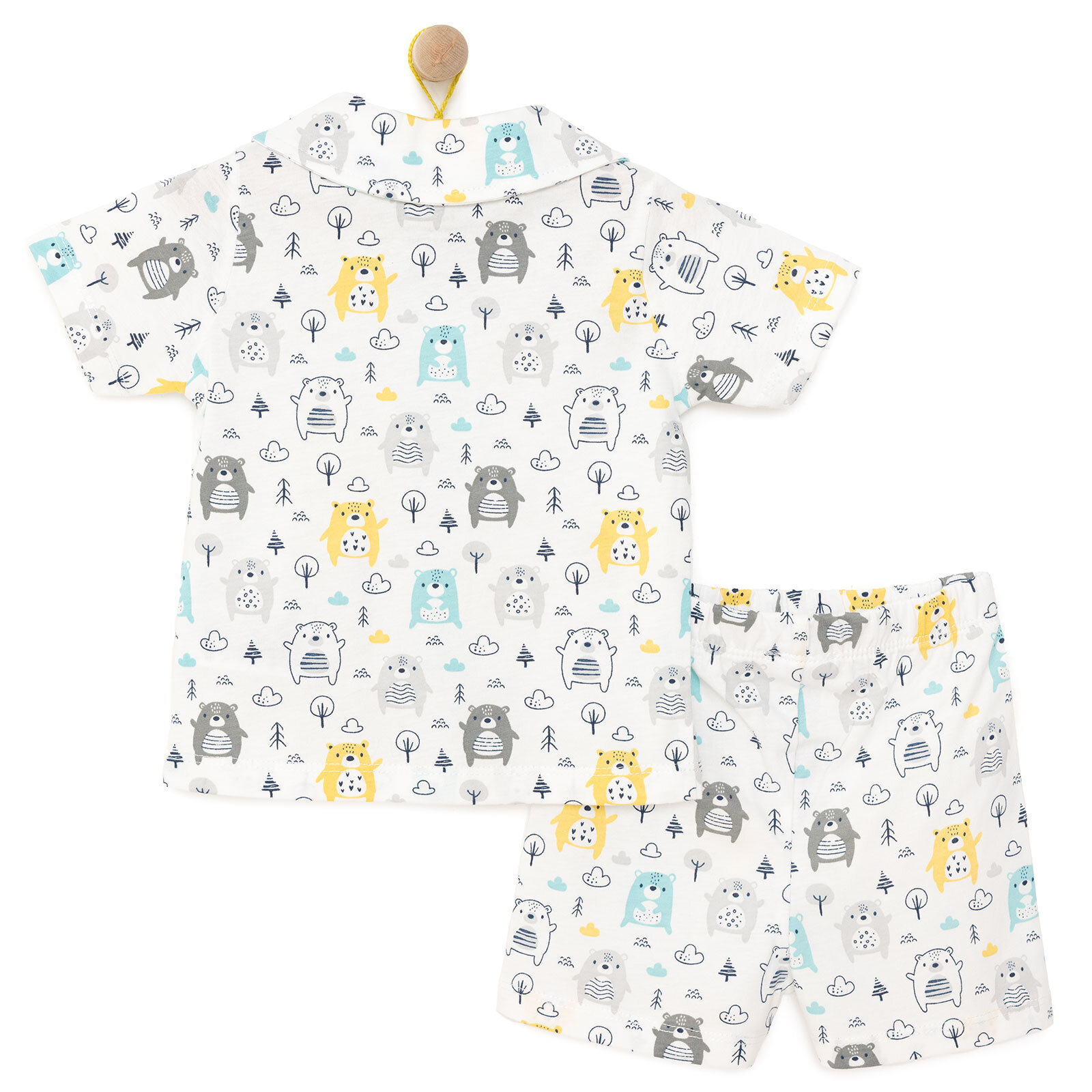 Erkek Bebek Pijama Takım Düğmeli Kapüşonlu Yaka Kısa Kol