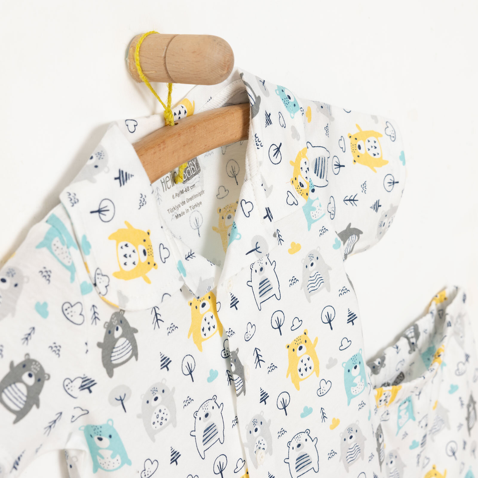 Erkek Bebek Pijama Takım Düğmeli Kapüşonlu Yaka Kısa Kol