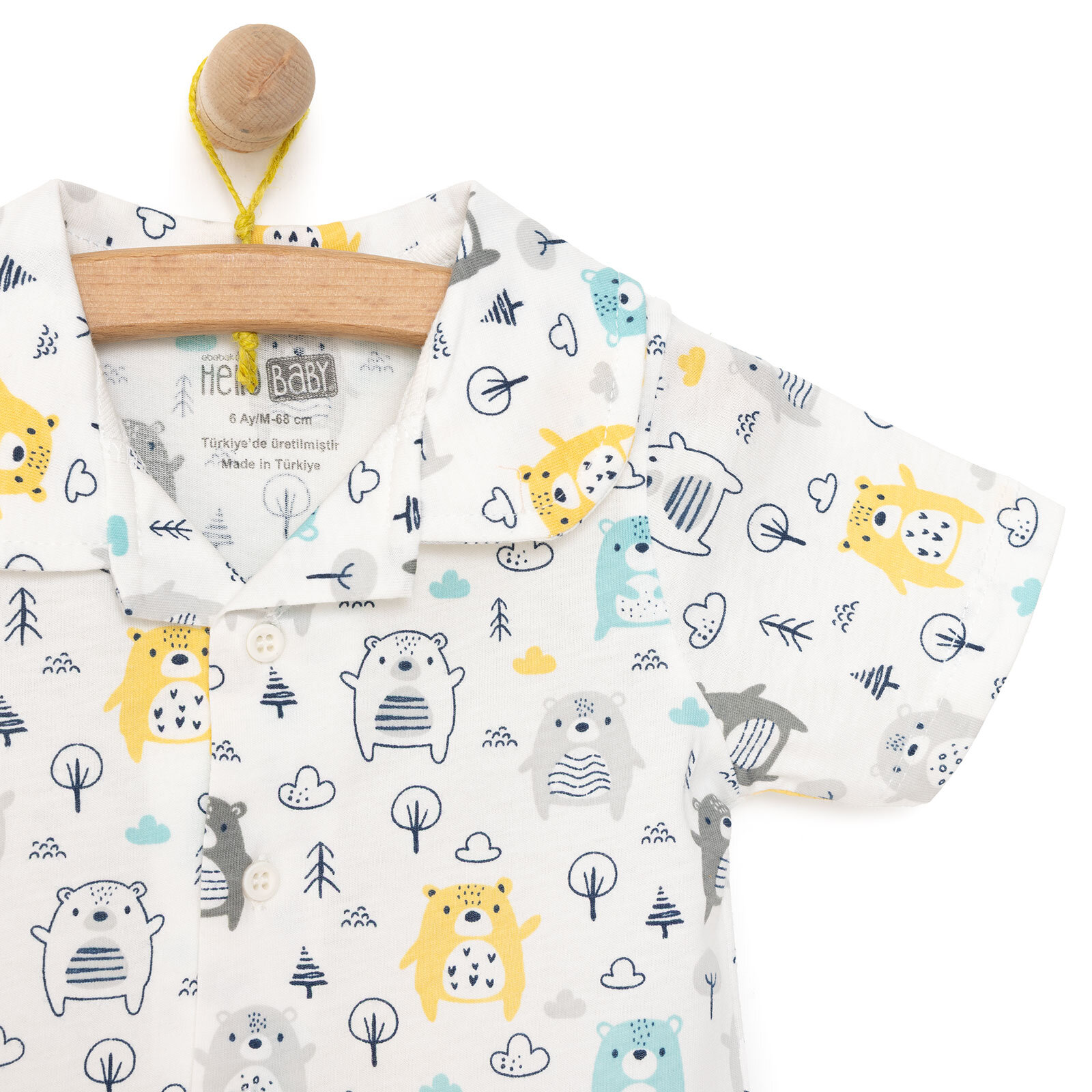 Erkek Bebek Pijama Takım Düğmeli Kapüşonlu Yaka Kısa Kol