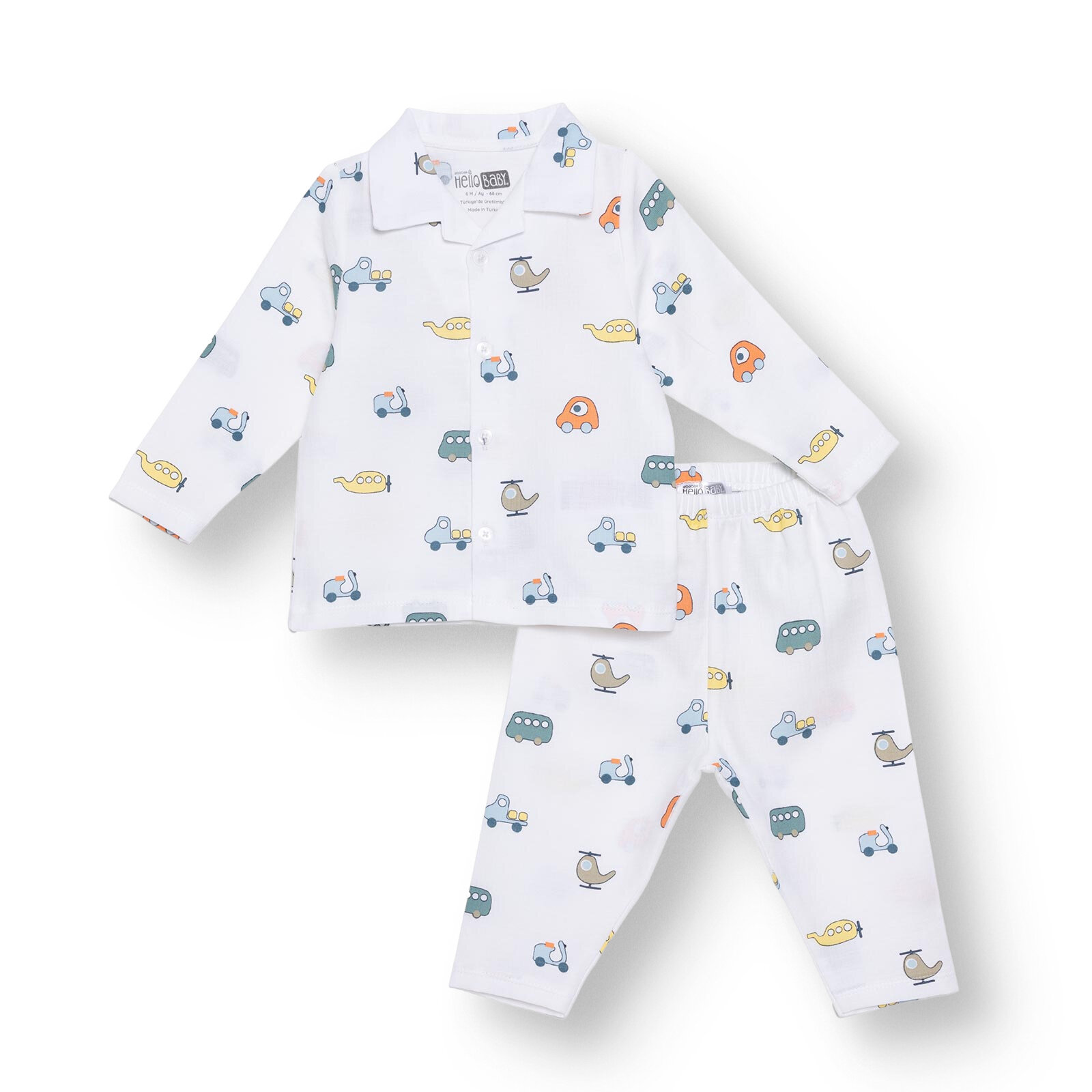 Erkek Bebek Uzun Kol Pijama Takımı Düğmeli Bebe Yaka Reçme Paça