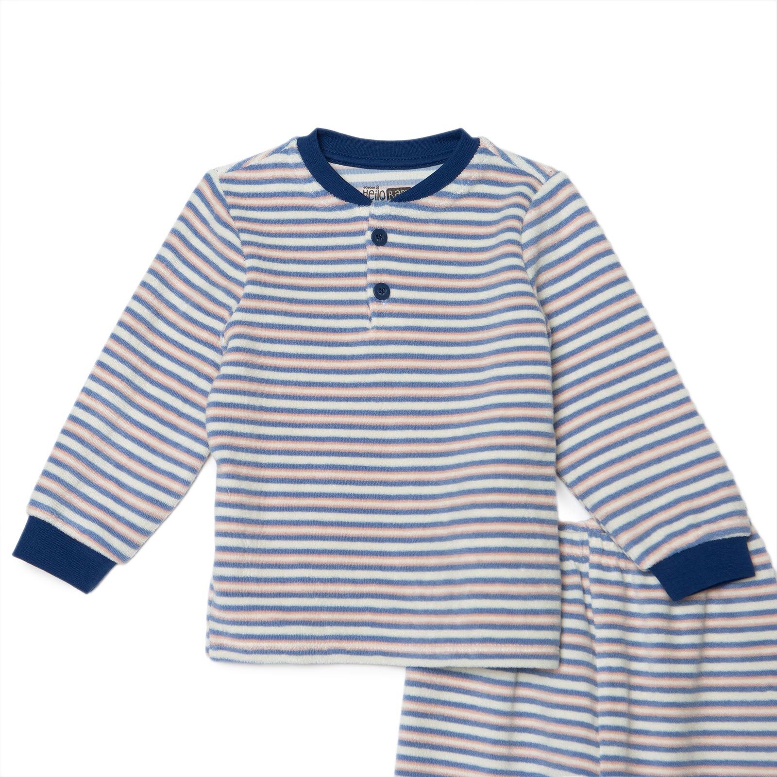 Erkek Bebek Uzun Kol Pijama Takımı Kadife Bisiklet Yaka Uzun Kol Ribanalı Paça