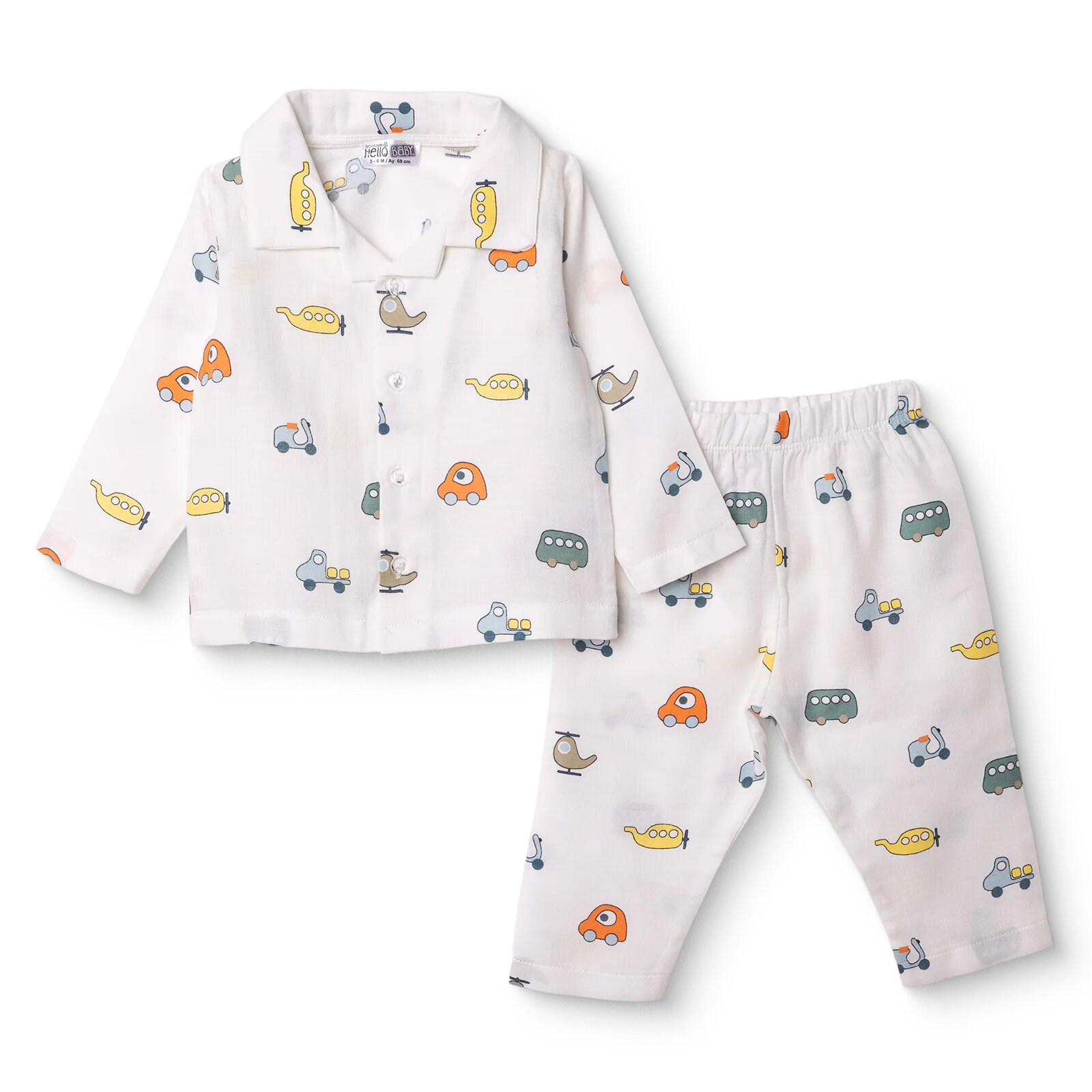 Erkek Bebek Uzun Kol Pijama Takımı Müslin Bebe Yaka Uzun Kol Reçme Paça