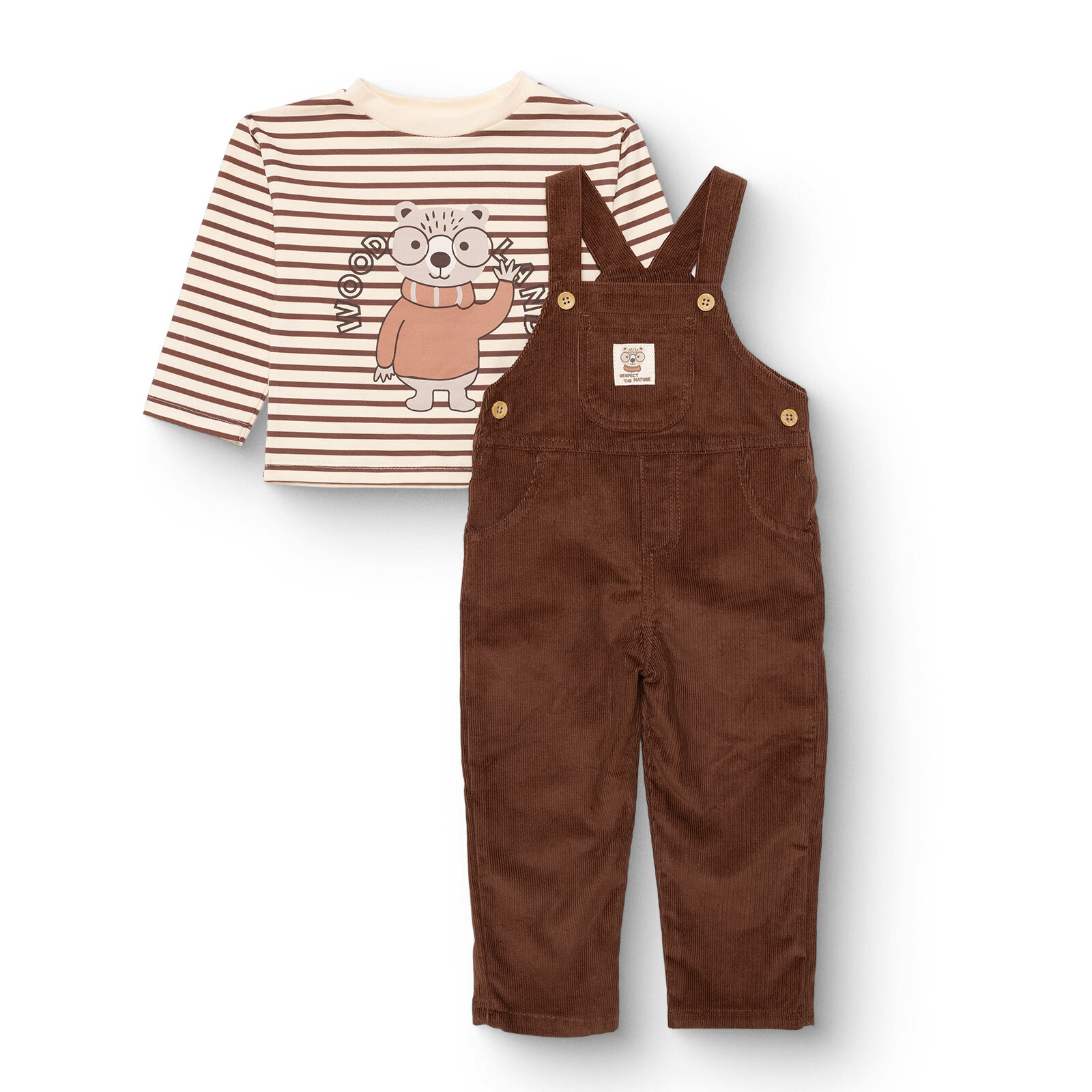 Erkek Bebek Woodland 2 Salopet-Tshirt Fitilli Kadife Dokuma Bisiklet Yaka Uzun Kol Reçme Paça