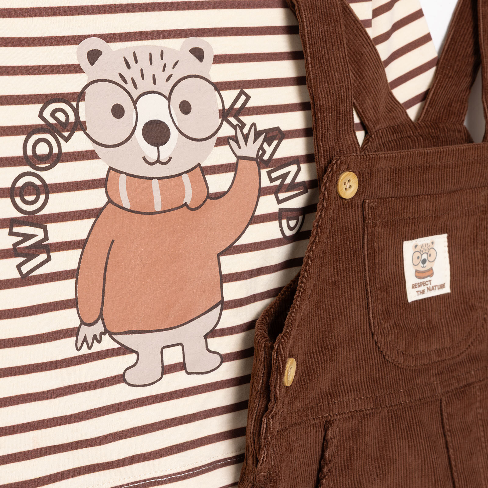 Erkek Bebek Woodland 2 Salopet-Tshirt Fitilli Kadife Dokuma Bisiklet Yaka Uzun Kol Reçme Paça