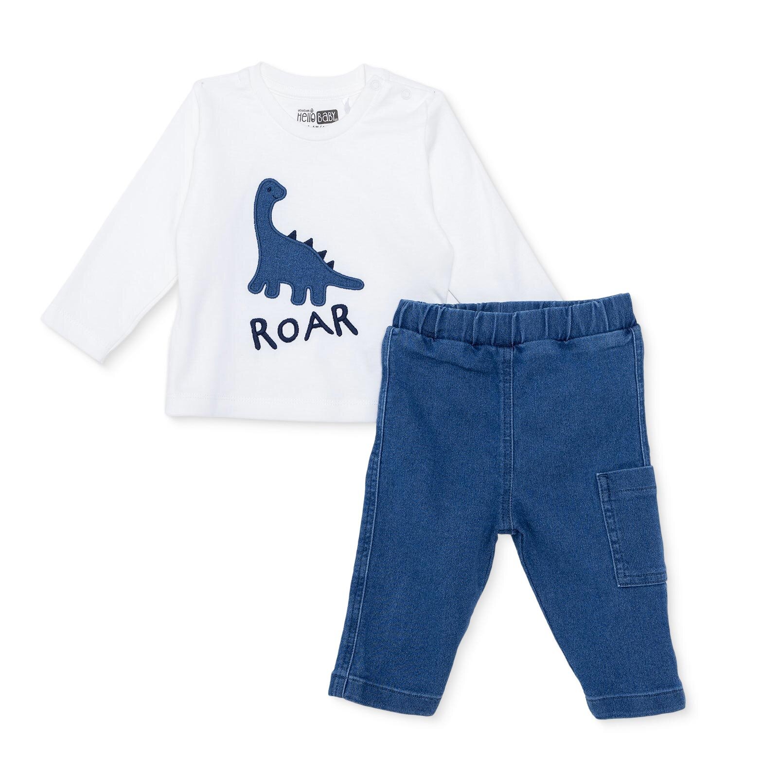 Erkek Bebek Yenidoğan Dino Sweatshirt-Patiksiz Alt Bisiklet Yaka Uzun Kol Patiksiz Paça