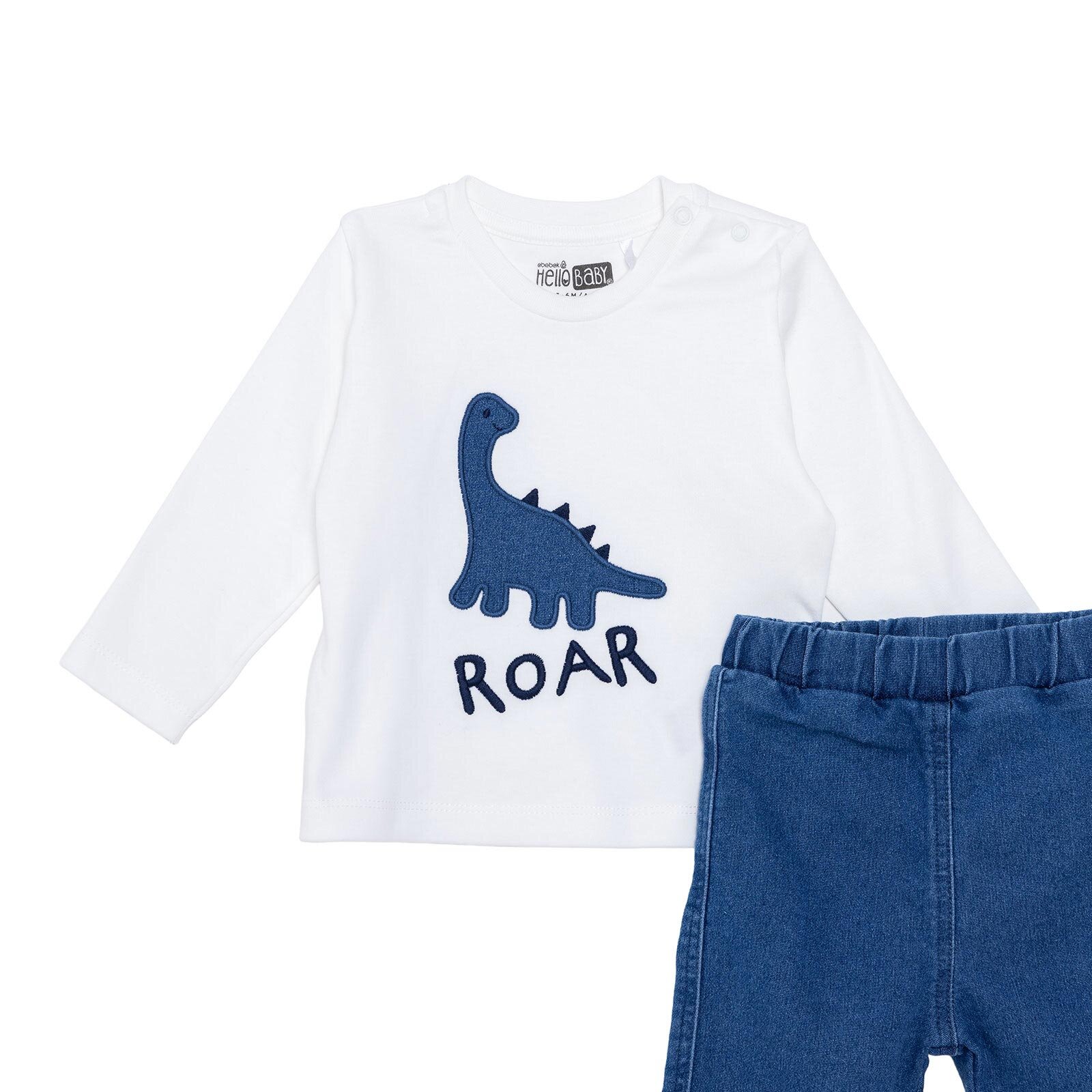 Erkek Bebek Yenidoğan Dino Sweatshirt-Patiksiz Alt Bisiklet Yaka Uzun Kol Patiksiz Paça