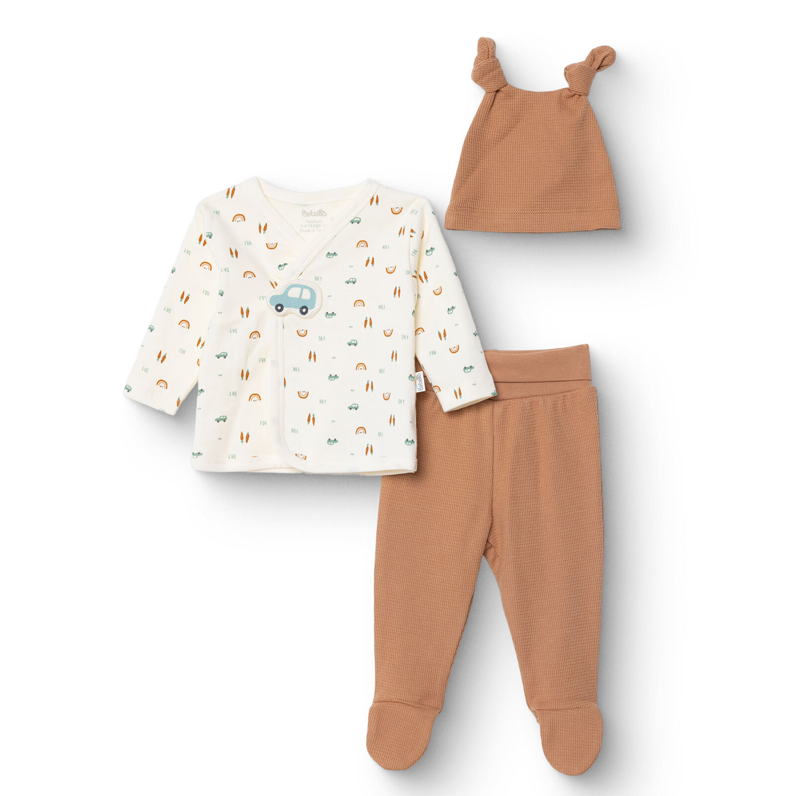 Erkek Bebek Yenidoğan Wooden Car Zıbın-Şapka-Patikli Alt V Yaka Uzun Kol Patikli Paça Erkek Bebek Yenidoğan Wooden Car Zıbın-Şapka-Patikli Alt V Yaka Uzun Kol Patikli Paça