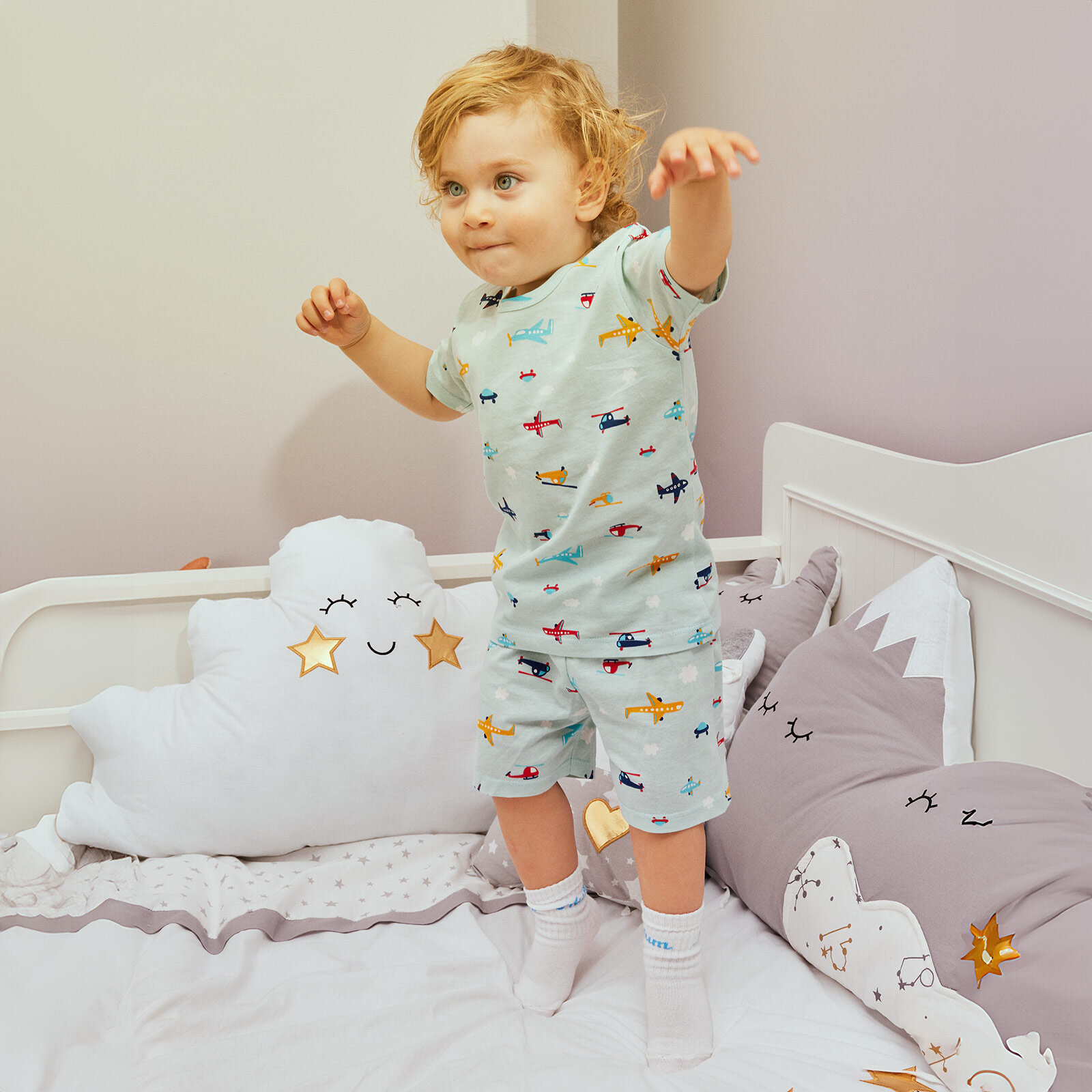 Erkek Kısa Kol Uçak Desenli Bisiklet Yaka Pijama Takımı