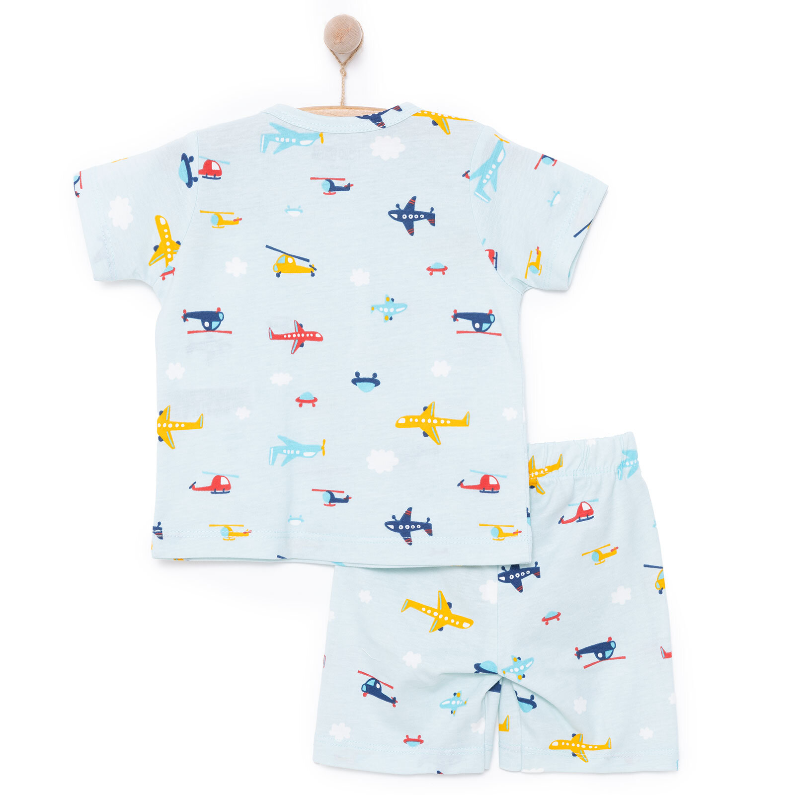 Erkek Kısa Kol Uçak Desenli Bisiklet Yaka Pijama Takımı