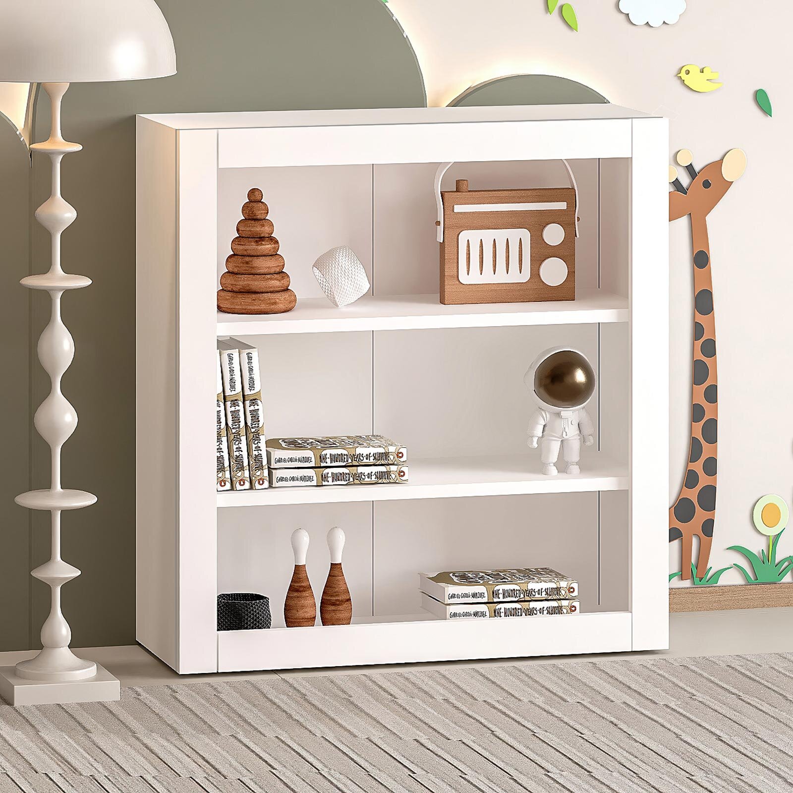 Ahşap Montessori Çocuk 3 Raflı Açık Kitaplık Beyaz