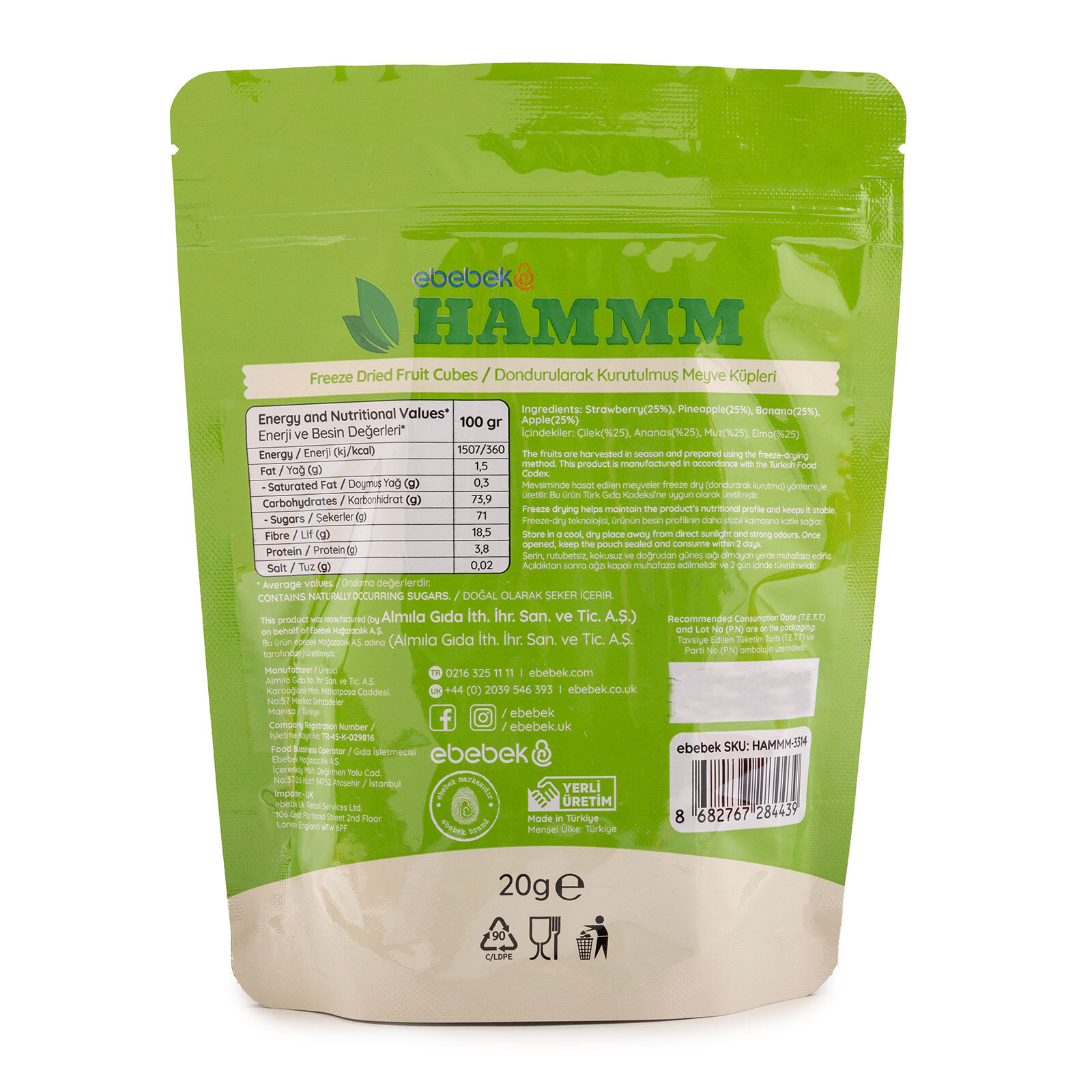 Freeze Dried Mix Çilek Ananas Muz Elma 20gr