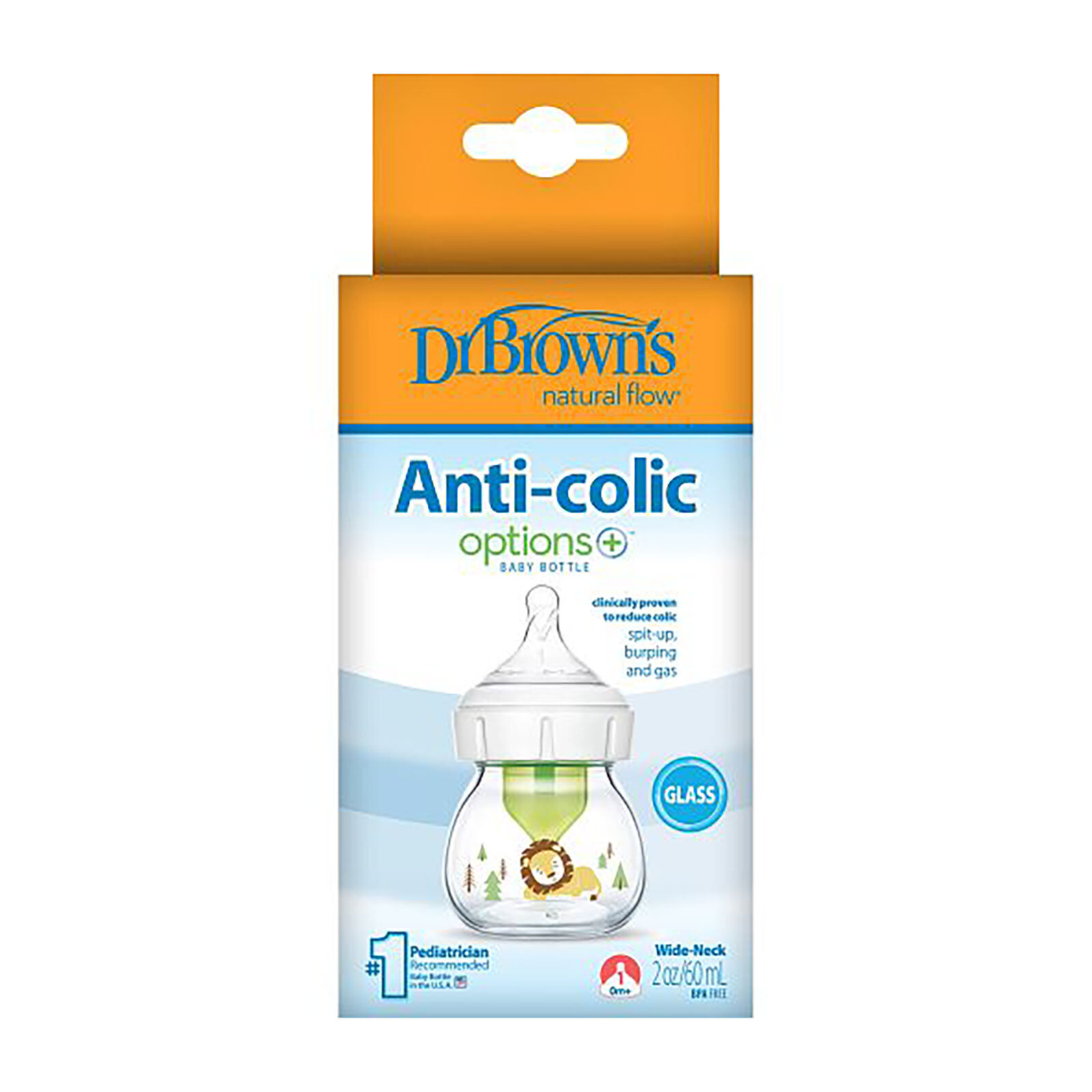 DB 21601 Geniş Ağız Anti-Kolik Options+ Desenli Cam Biberon 60 ml Aslan, Tekli paket