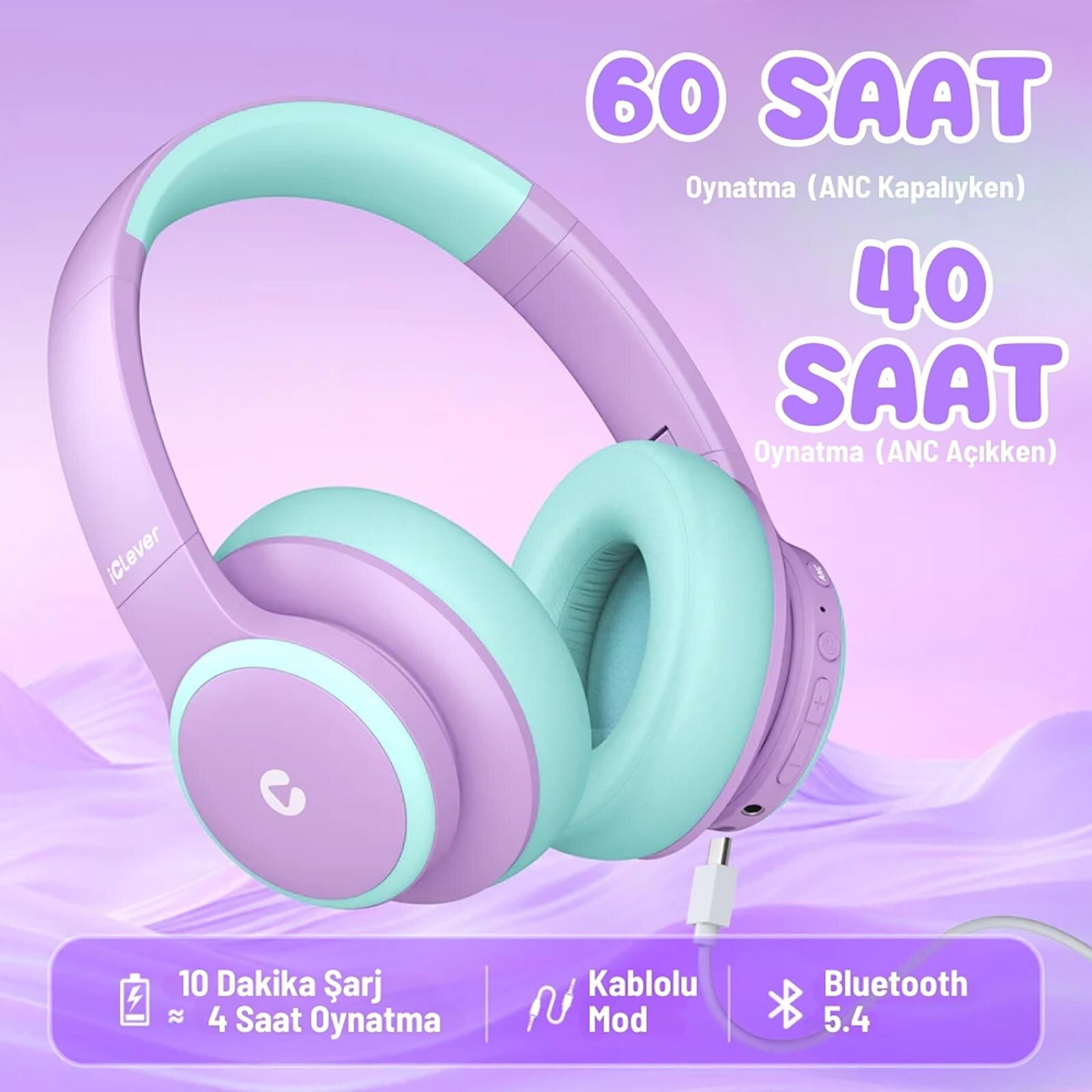 Gürültü Önleyici Ses Sınırlı 60 Saat Oynatma Süreli Bluetooth Çocuk Kulaklığı Lila - BTH Gürültü Önleyici Ses Sınırlı 60 Saat Oynatma Süreli Bluetooth Çocuk Kulaklığı Lila - BTH