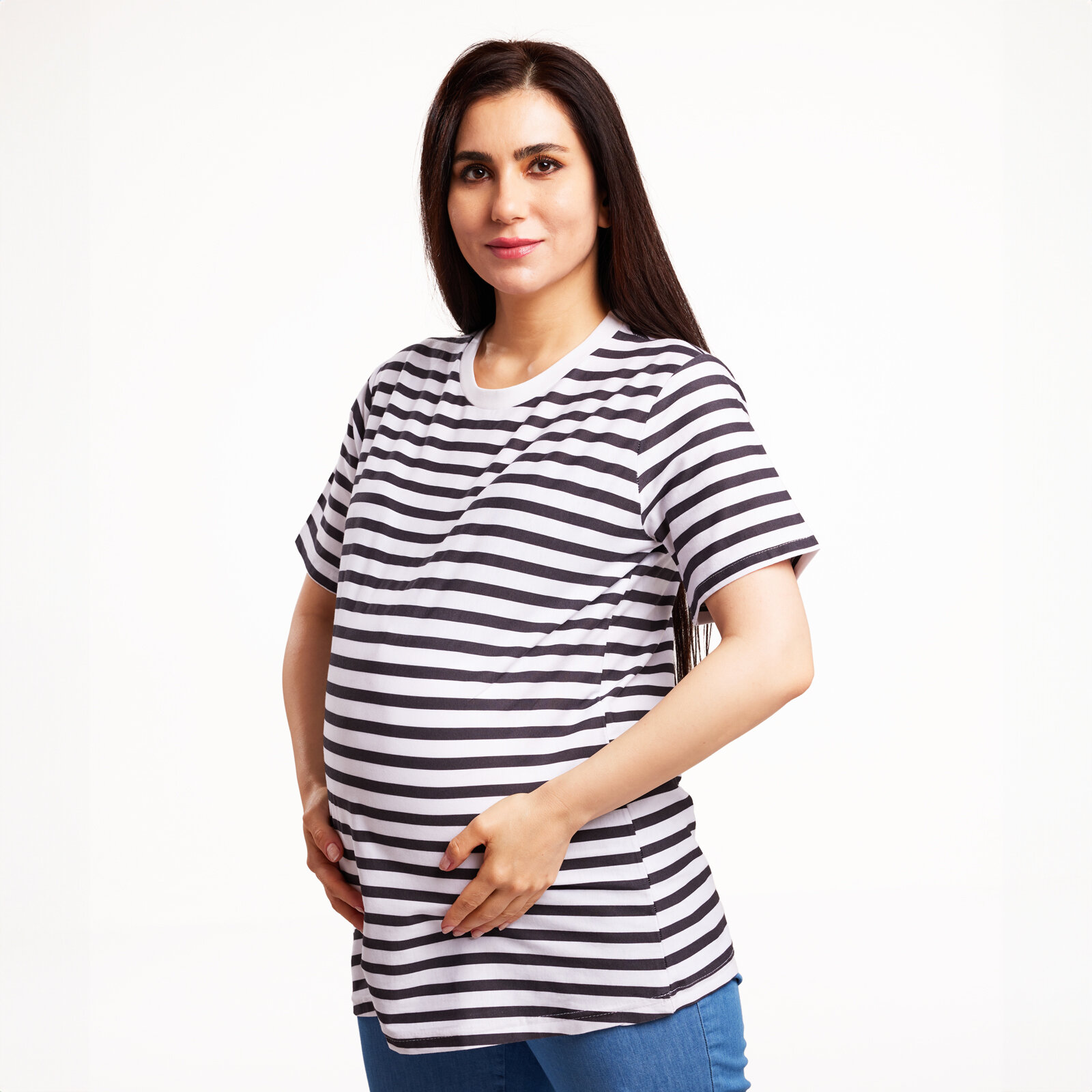Hamile Tişört Süprem Çizgili Anne Giyim Bisiklet Yaka Kısa Kol Beyaz Hamile Tişört Süprem Çizgili Anne Giyim Bisiklet Yaka Kısa Kol Beyaz