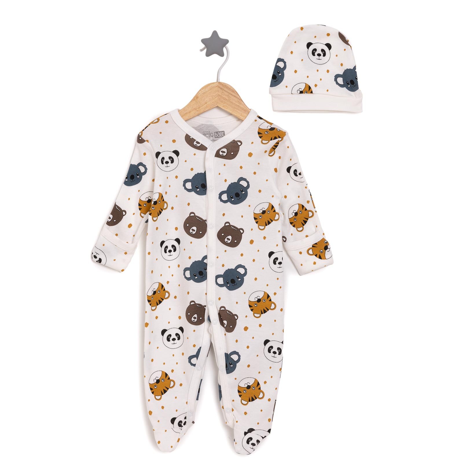 Hayvanlar Baskılı Yenidoğan Tulum-Şapka Erkek Bebek