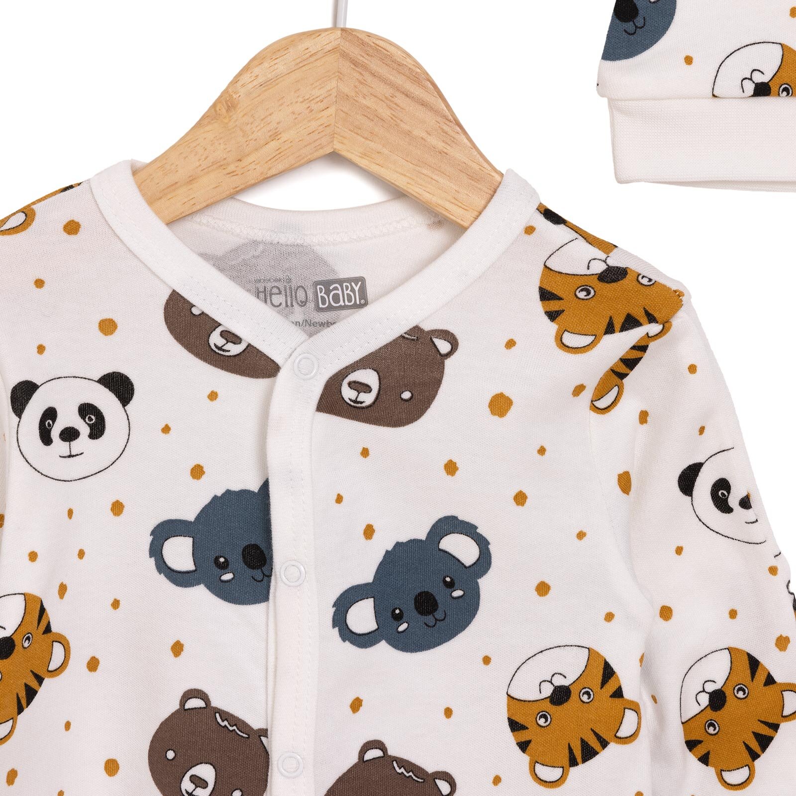 Hayvanlar Baskılı Yenidoğan Tulum-Şapka Erkek Bebek