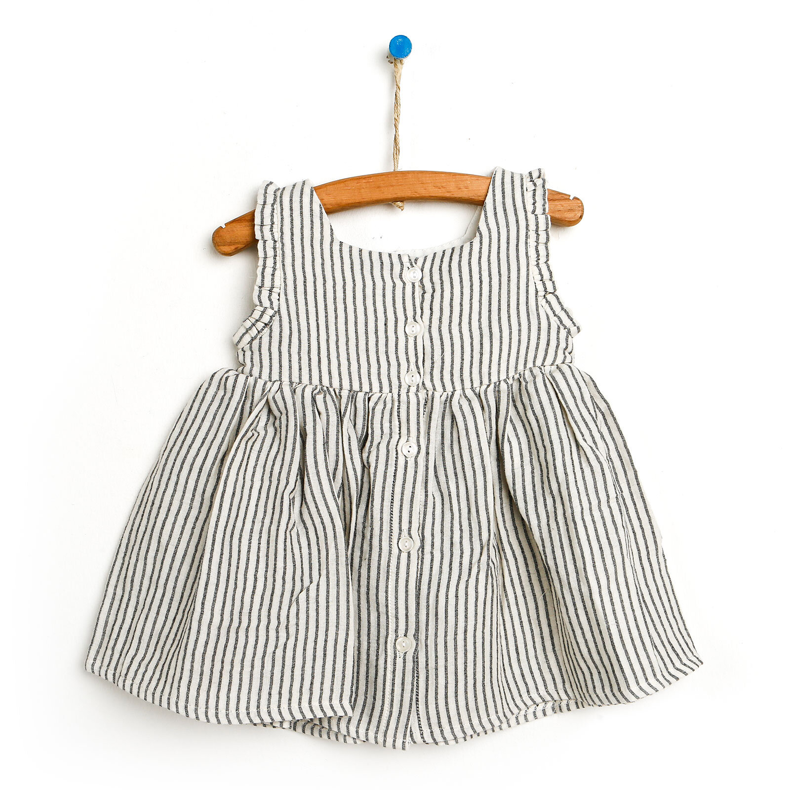 Basic Çizgili Arkası Düğmeli Fırfırlı Kız Bebek Elbise