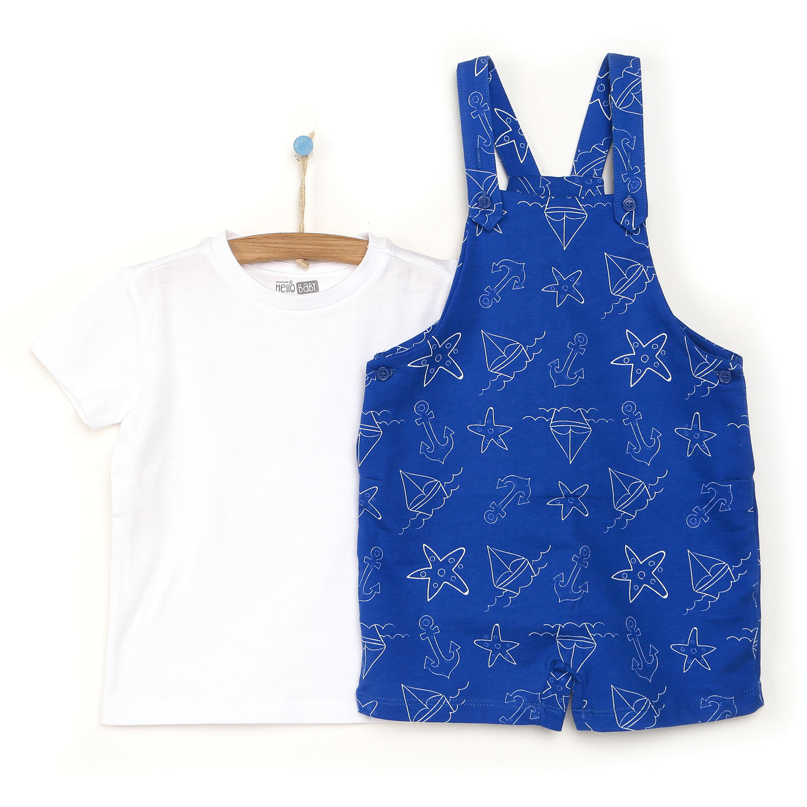 Basic Erkek Bebek Marine Desenli Salopet-Tshirt Takım Erkek Bebek