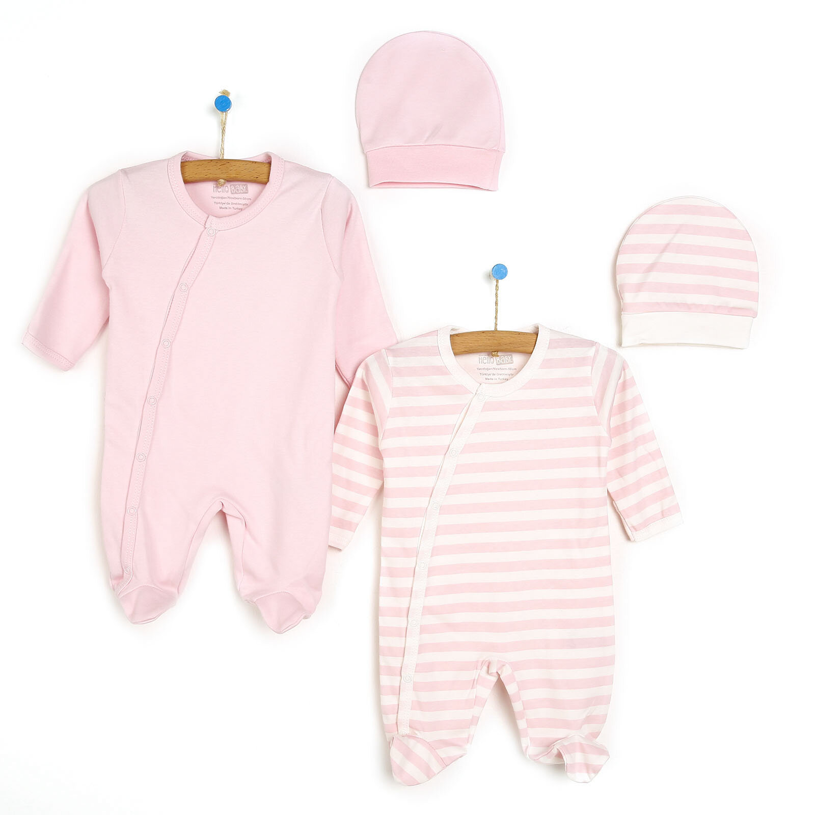 Yenidoğan Kız Bebek Çizgili Kendinden Eldivenli Çıtçıtlı 2li Tulum-Şapka