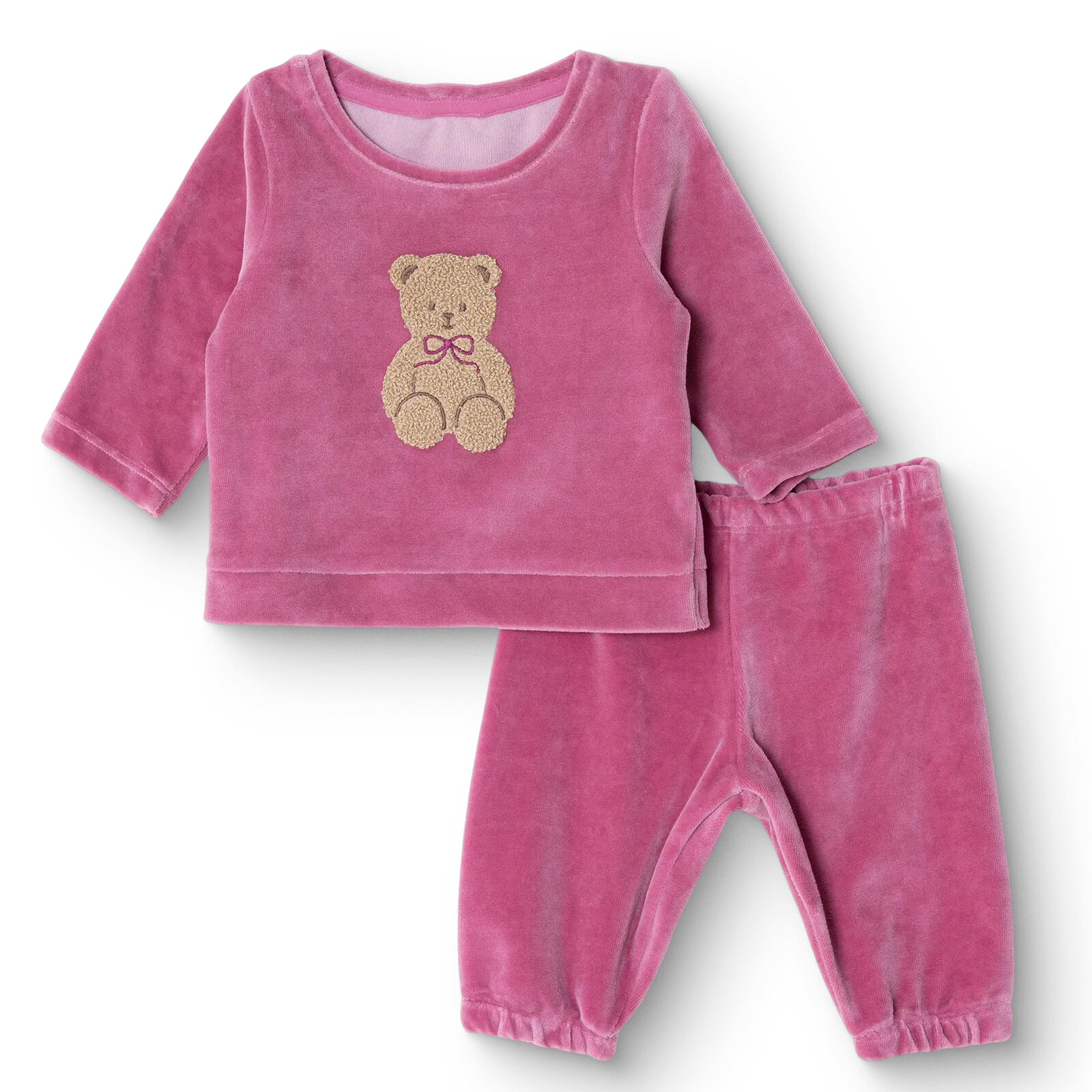 Kız Bebek Kadife Pijama Takımı Bisiklet Yaka Uzun Kol Ribanalı Paça