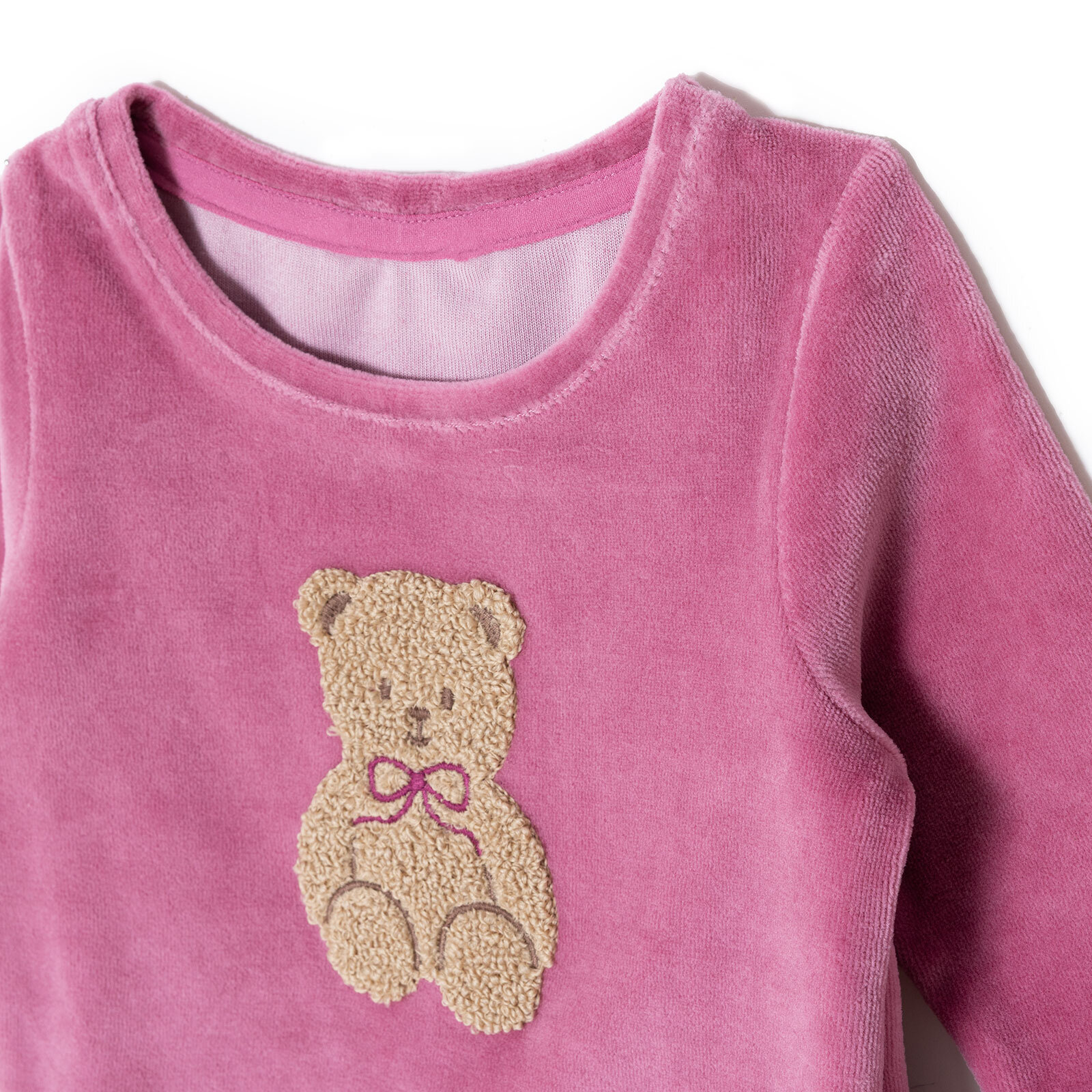 Kız Bebek Kadife Pijama Takımı Bisiklet Yaka Uzun Kol Ribanalı Paça