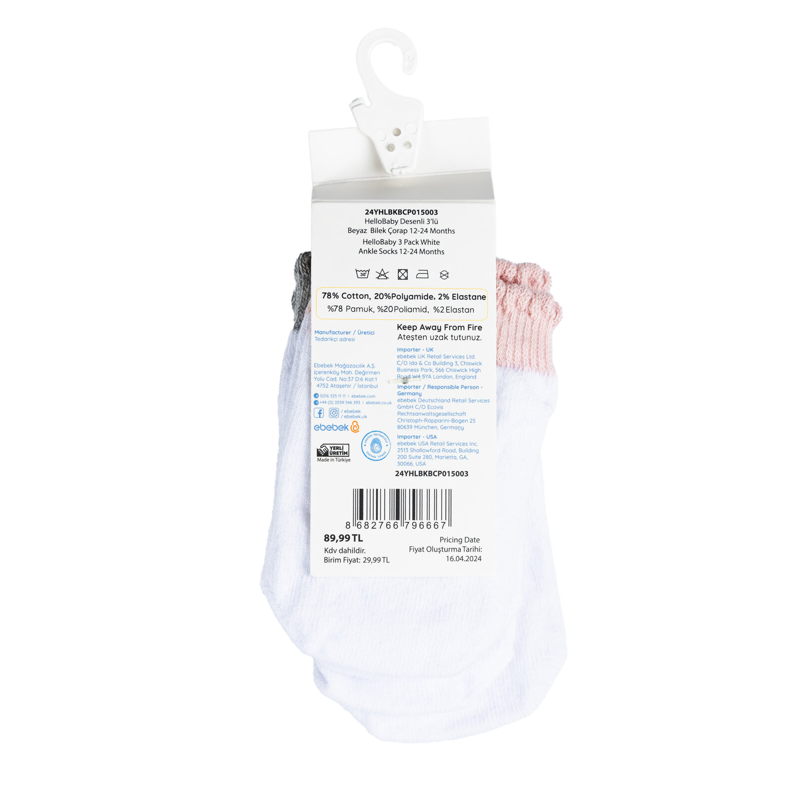 Kalp Desenli Kız 3'lü Bilek Çorap Kız Bebek