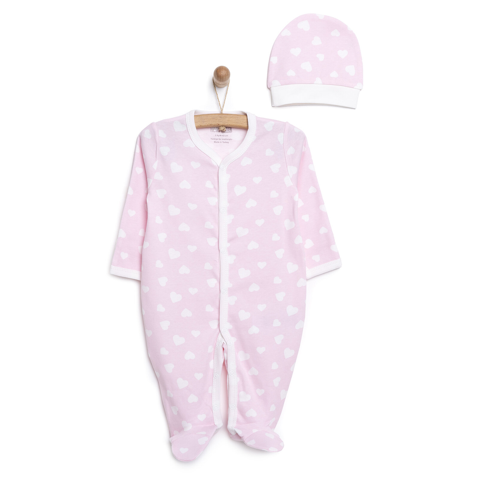 Kalp Desenli Yenidoğan Tulum-Şapka Kız Bebek