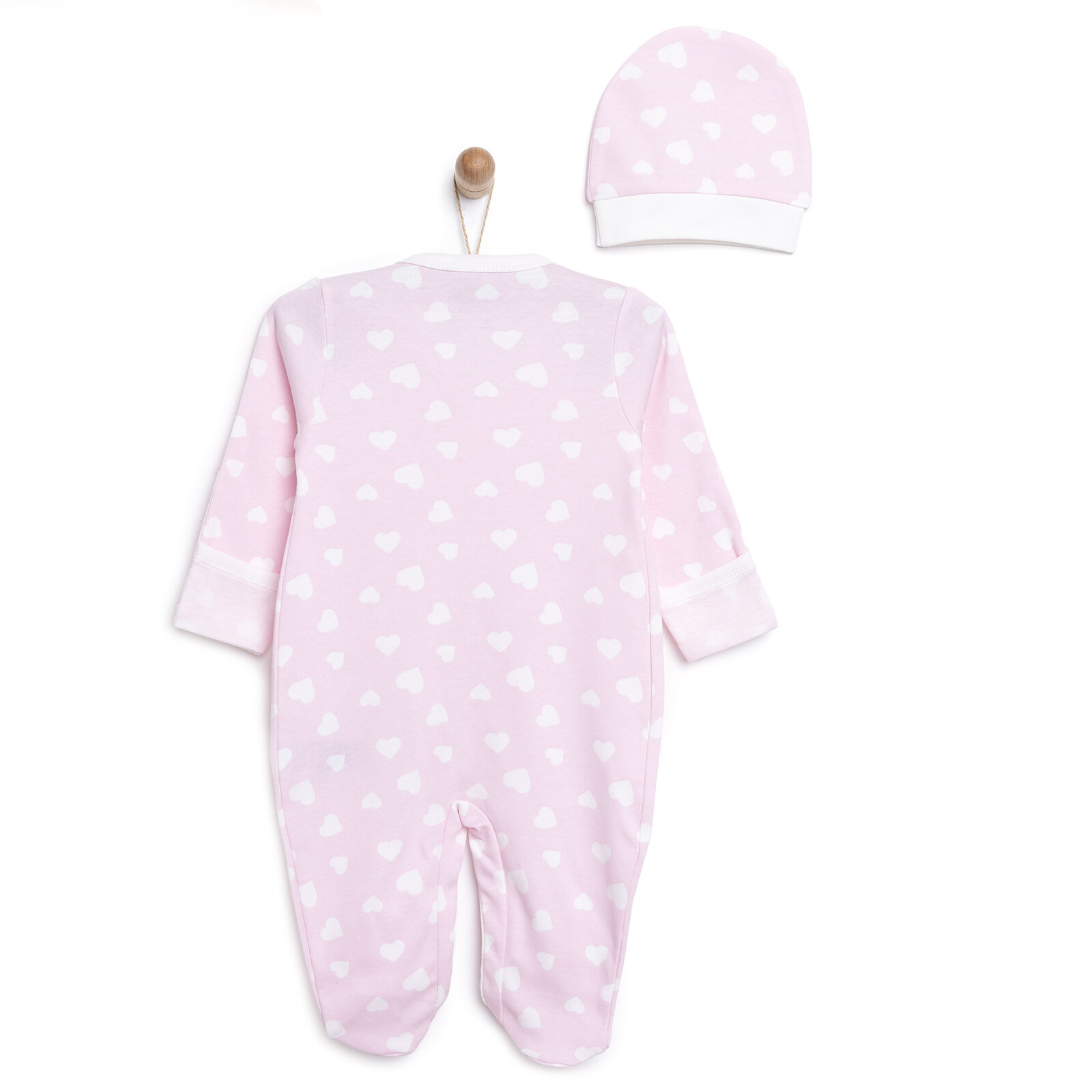 Kalp Desenli Yenidoğan Tulum-Şapka Kız Bebek