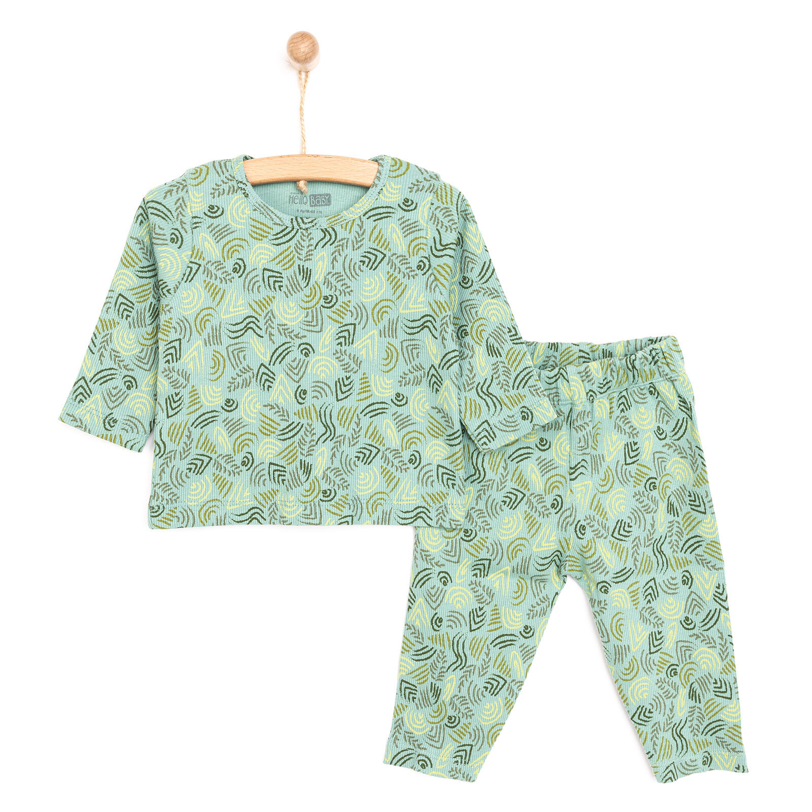 Erkek Bebek Pijama Takım Kaşkorse Karışık Desenli Bisiklet Yaka Uzun Kol Koyu Yeşil