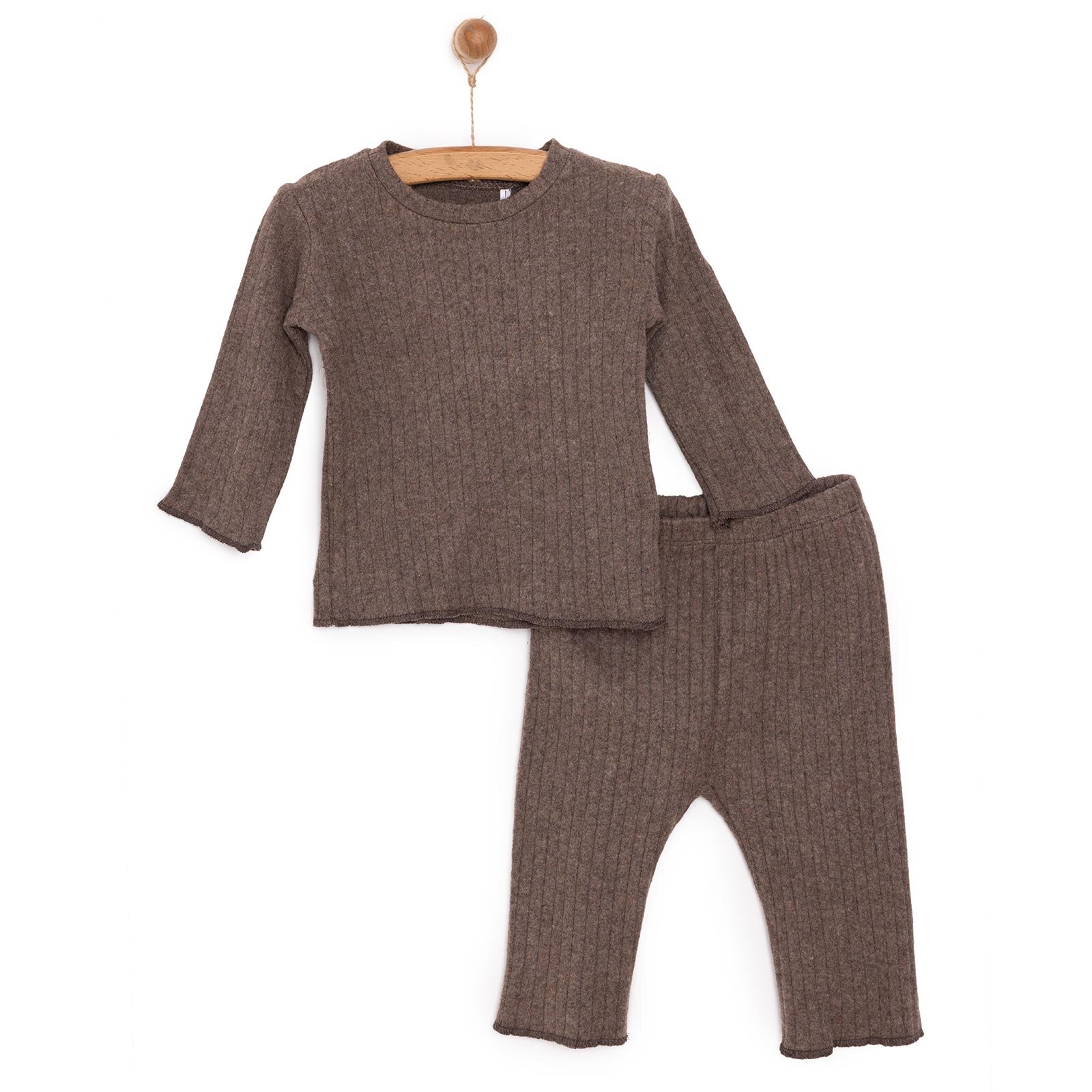 KIZ Bebek Pijama Takım Kaşkorse Bisiklet Yaka Uzun Kol Kahverengi