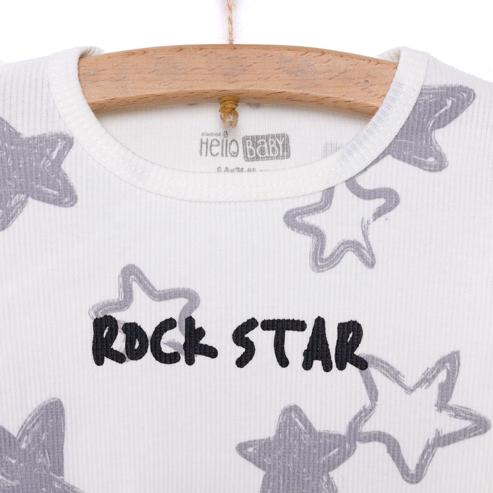 Erkek Bebek Pijama Takım Kaşkorse Yıldız Desen Bisiklet Yaka Uzun Kol Ekru