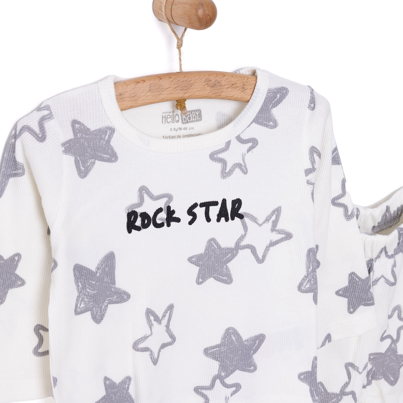 Erkek Bebek Pijama Takım Kaşkorse Yıldız Desen Bisiklet Yaka Uzun Kol Ekru