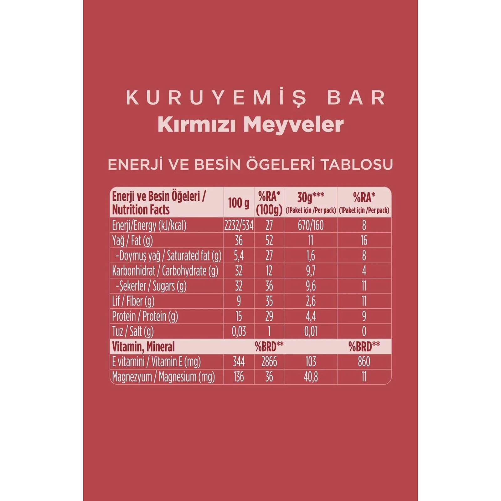 Kırmızı Meyveli Kuruyemiş Bar 30g