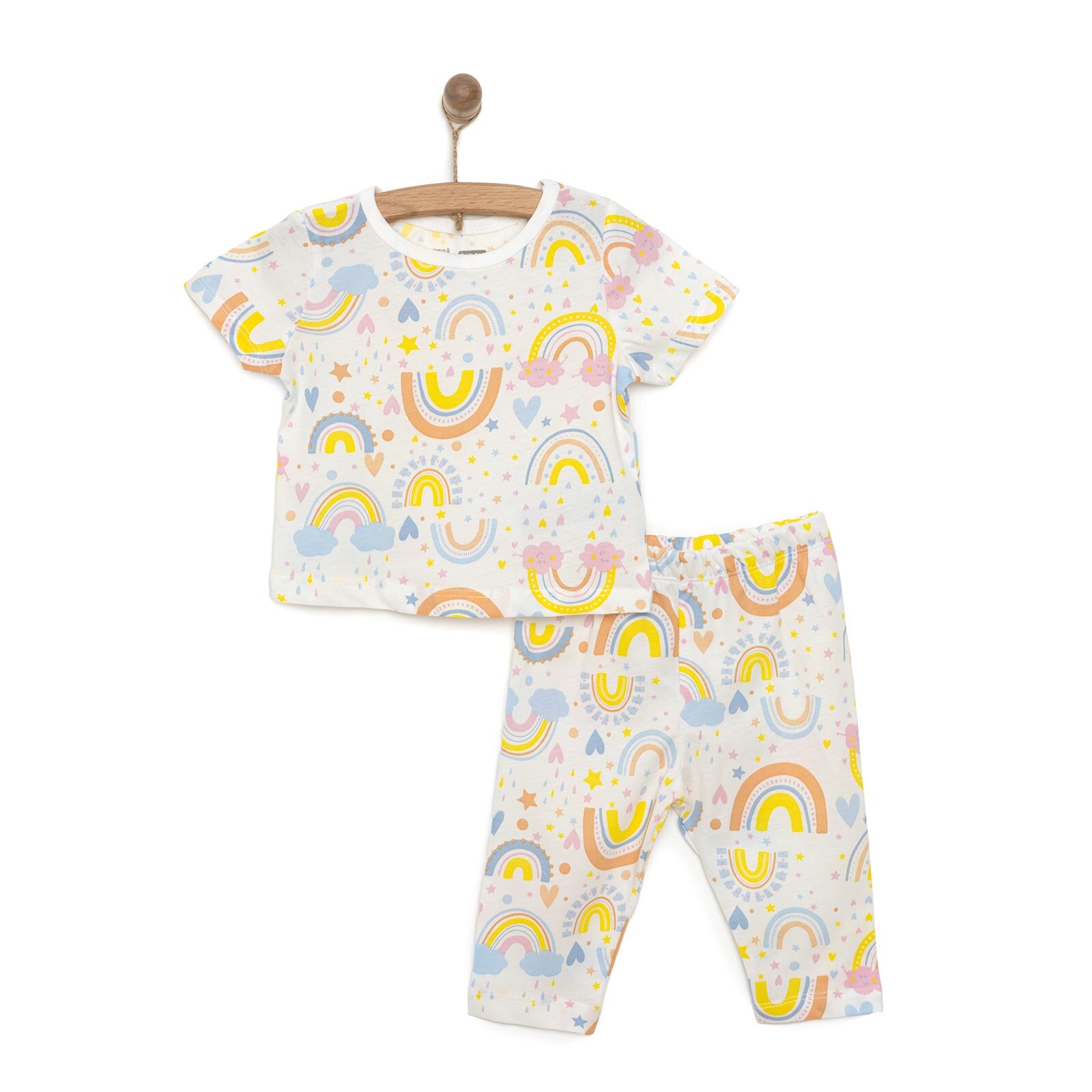 Kısa Kol Gökkuşağı Desenli Bisiklet Yaka Pijama Takımı